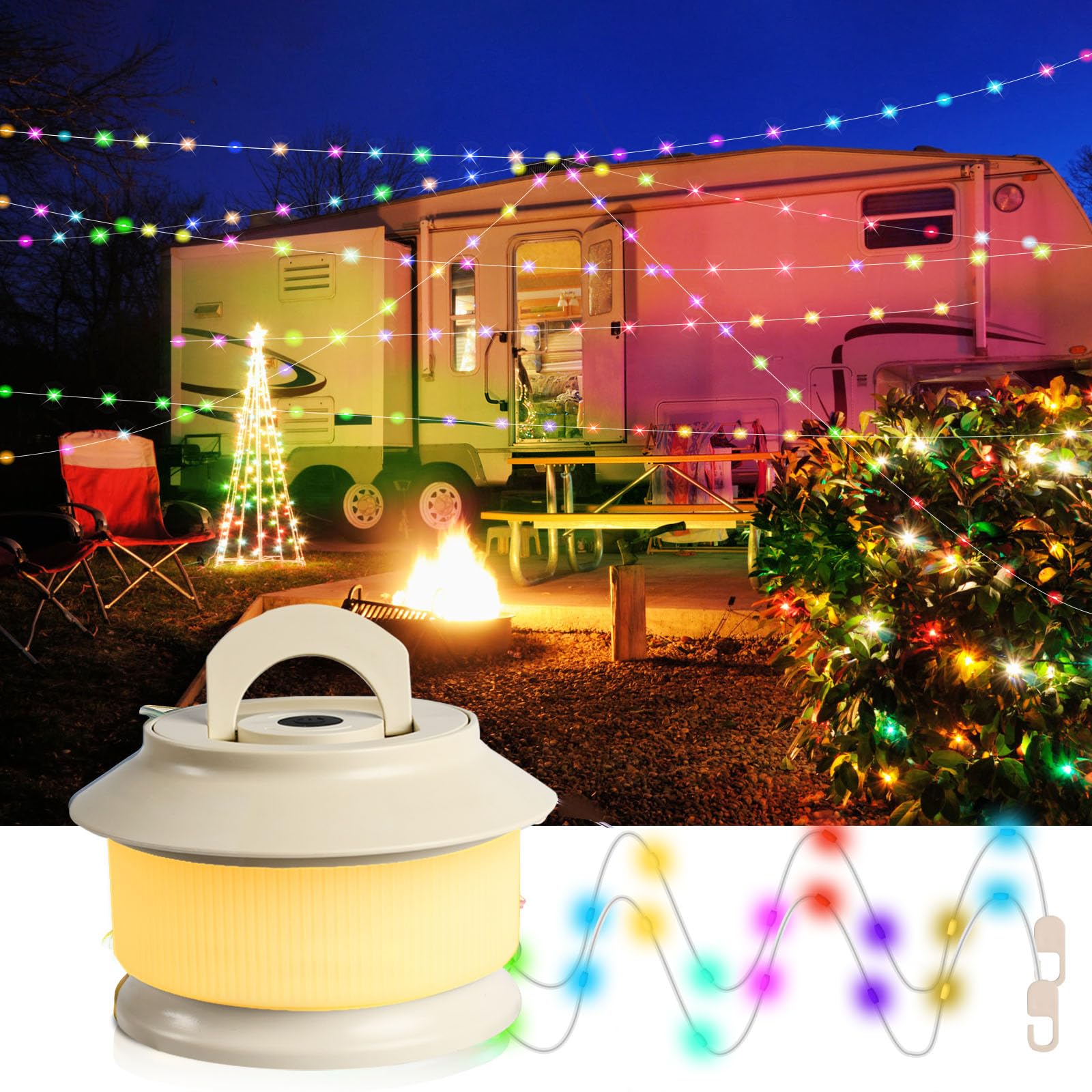 20M Led Lichterkette Aufrollbar,5 Leuchtmodis RGB Lichterkette Outdoor mit Laterne,IP65 wasserdicht,USB-ladbar,Weihnachtsbeleuchtung außen für Weihnachten Hochzeit Ostern Garten Party Camping