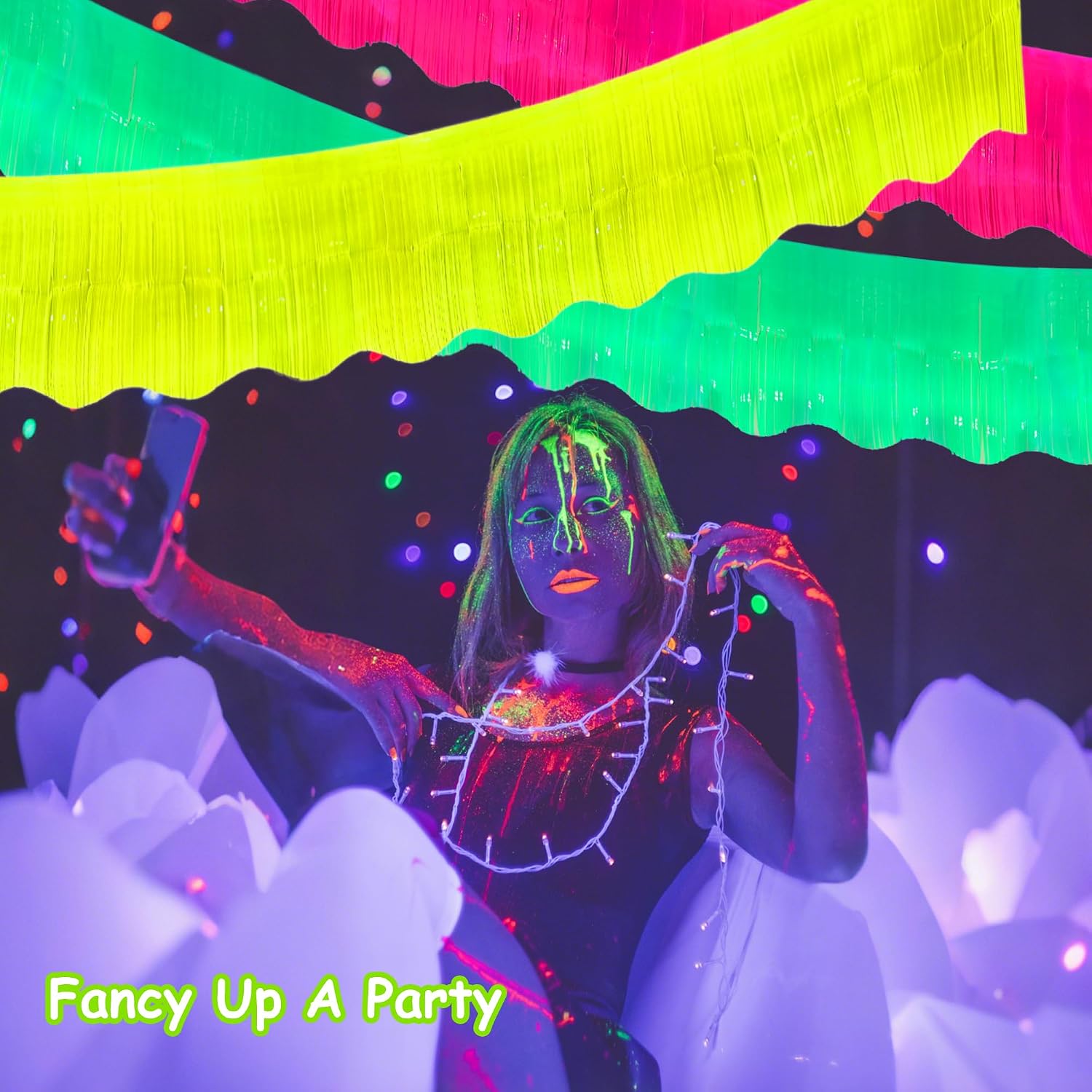 4 Packs 39 Ft Glow in The Dark Party Supplies Fringe Garland, Neon Macaron Parade Float Glow Tinsel Streamers Banner Table Skirts for for Birthday Holiday Neon Party (Green,Fuchsia,Yellow,Orange)