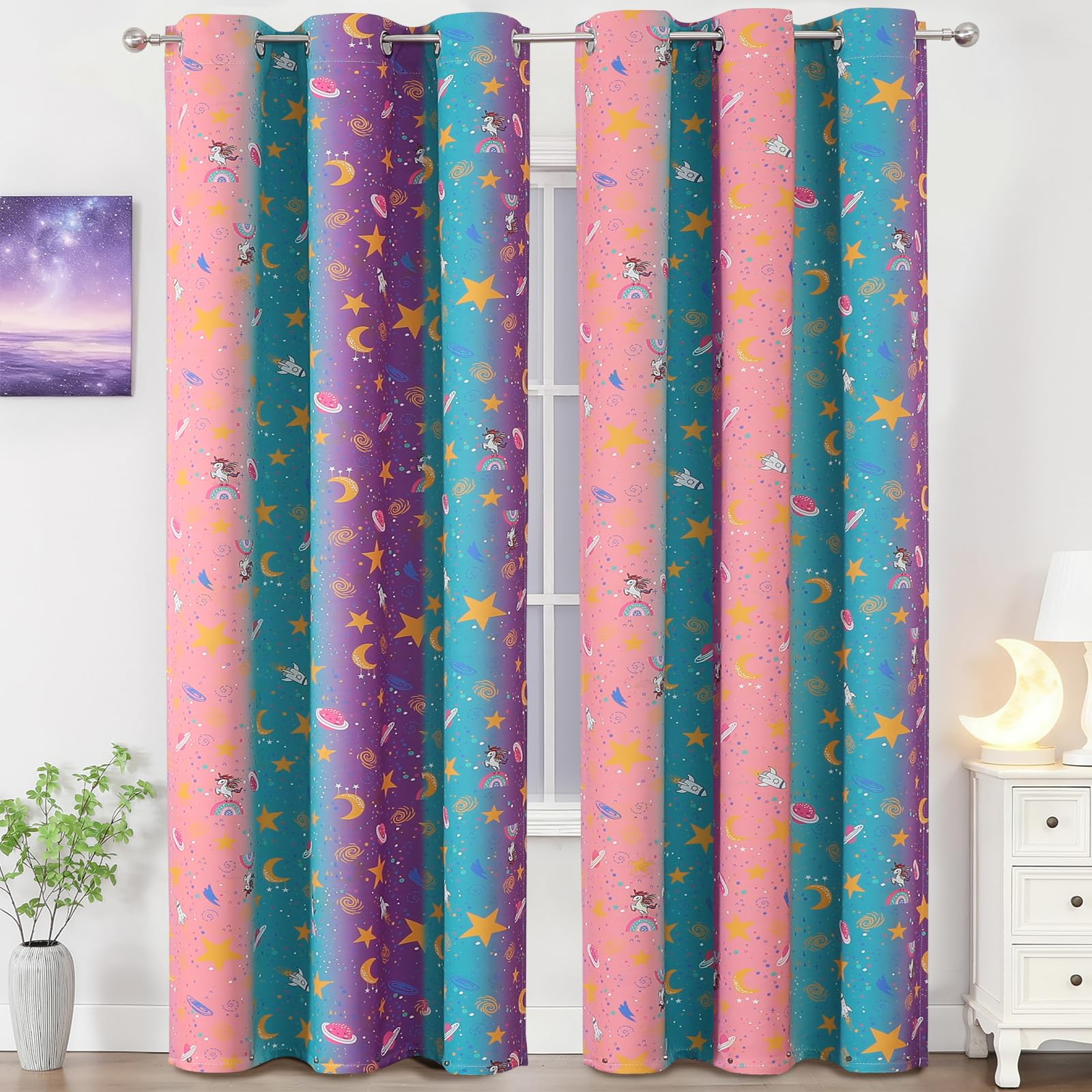 VEHEDE Star Blackout Curtains for Nursery Rainbow Classic Unicorn Cartoon Drapes for Girls Bedroom Thermal Insulated Eyelet Noise Reducing Curtain W38 x L84 Inch