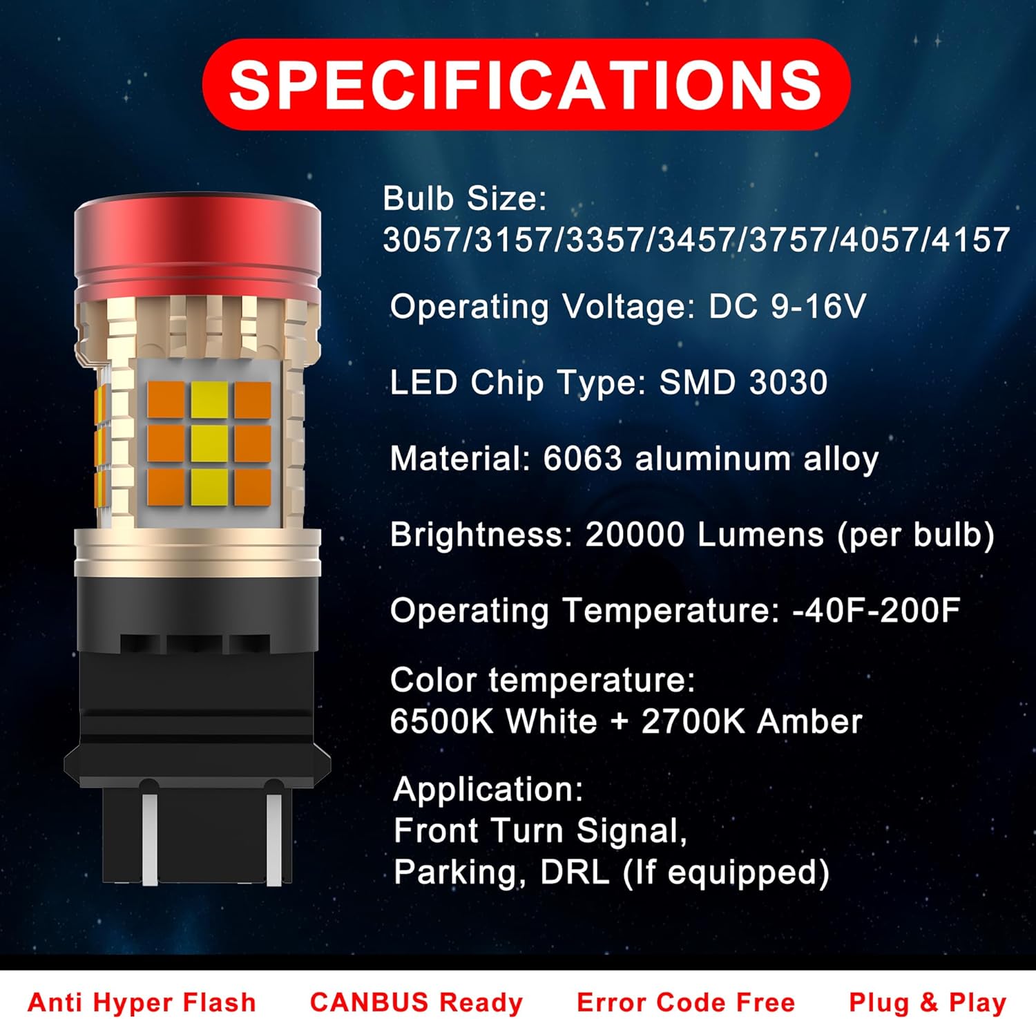 3157 3057 3357 3457 3757 4057 4157 Switchback LED Bulbs Resistor Anti Hyper Flash CANBUS Error Free Turn Signal Parking DRL Light White Amber Blinker Bulbs