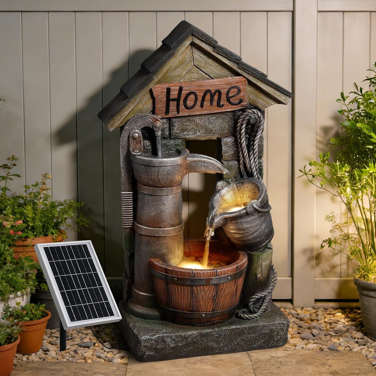 28.7" H Solar Outdoor Water Fountain,3-Tier Solar Powered Rustic Barrel Pump Water Fountain Cascading Waterfall Fountains Outside for Garden, Patio, Backyard, Porch/Two Placement Options