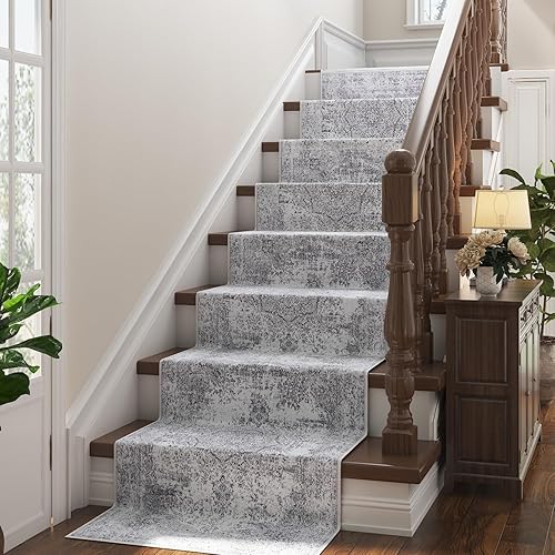 jinchan Alfombra lavable de 2 x 10 pies, alfombra vintage envejecida, para cocina, color gris, delgada, tradicional, gris, con estampado floral,