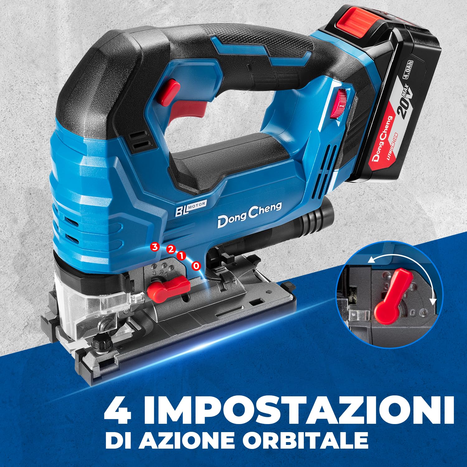 Dong Cheng Seghetto Alternativo 18V Senza Spazzole | Pendolo 800-3500 SPM | Taglio 0-45° | 6 Velocità | Con Doppio LED, Soffiatore, Batteria 4Ah, Caricabatteria, 6 Lame & Valigetta
