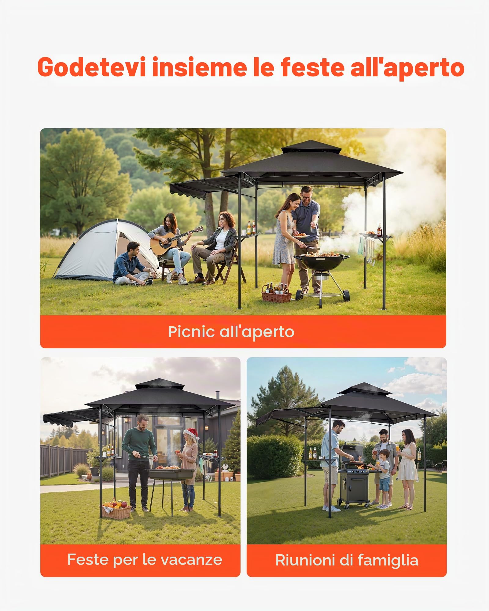 VEVOR Gazebo per Barbecue 243x150 cm, Tenda Gazebo per Barbecue da Esterno con Tettoia, Tetto a 2 Livelli, Copertura per BBQ da Giardino in Acciaio Verniciato a Polvere, per Grigliate, Feste, Picnic