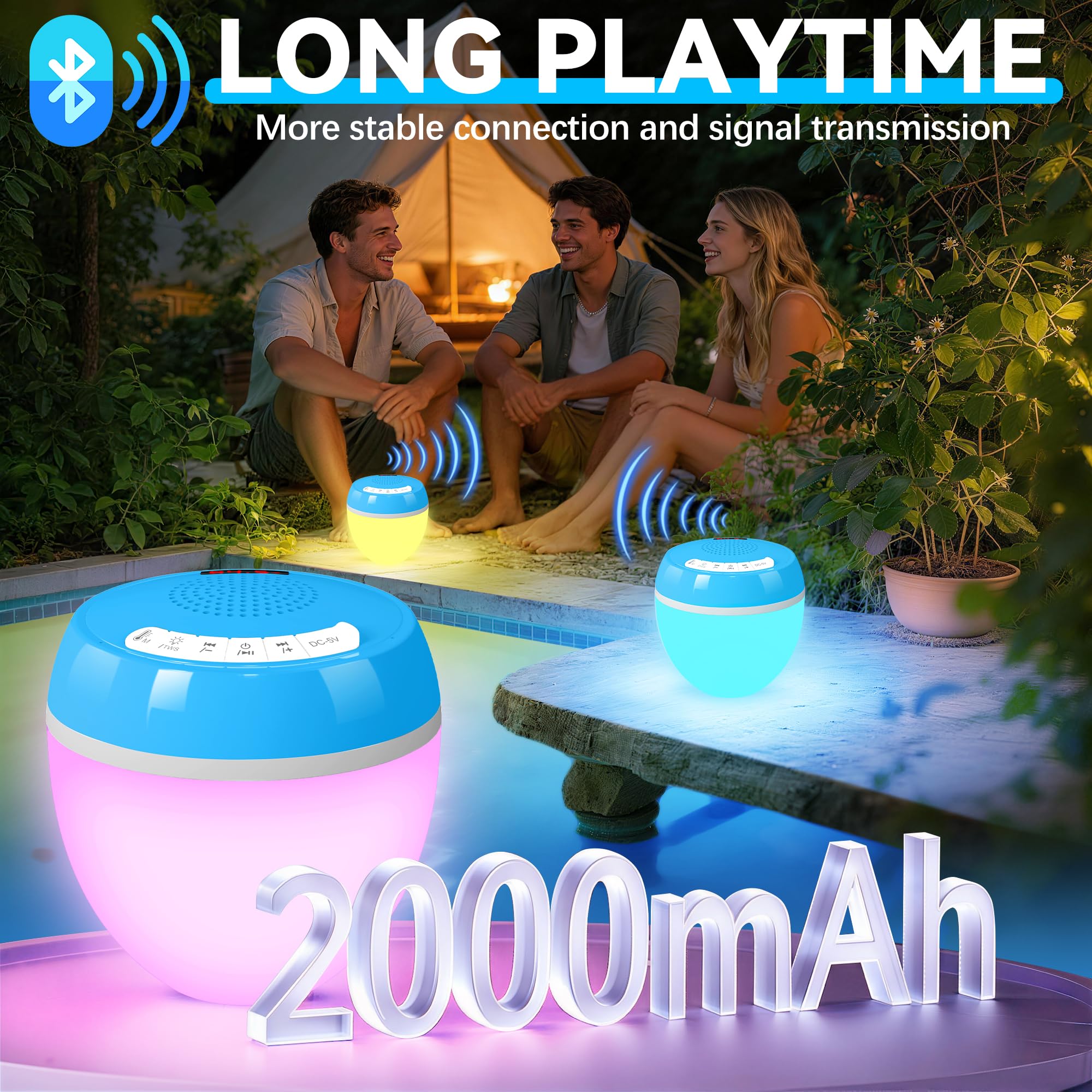 AearKing 3-in-1 Bluetooth Lautsprecher Pool mit Thermometer, Pool Lautsprecher mit RGB Licht, Schwimmender Pool Lautsprecher Wasserdicht IP68, TWS, Tragbarer Lautsprecher,Stereo Musikbox für Whirlpool