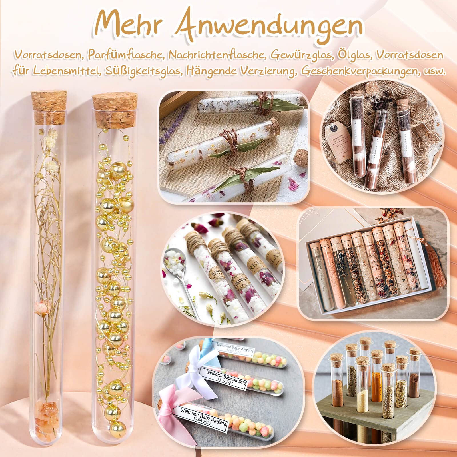 modacraft 50 sztuk dużych probówek z korkiem na słodycze, kwiaty, sól do kąpieli, prezenty dla gości weselnych, 25 szt. 30 ml i 25 szt. 25 ml, tworzywo sztuczne, probówka, 60 szt., zawieszka 20 m sznurek jutowy lejek