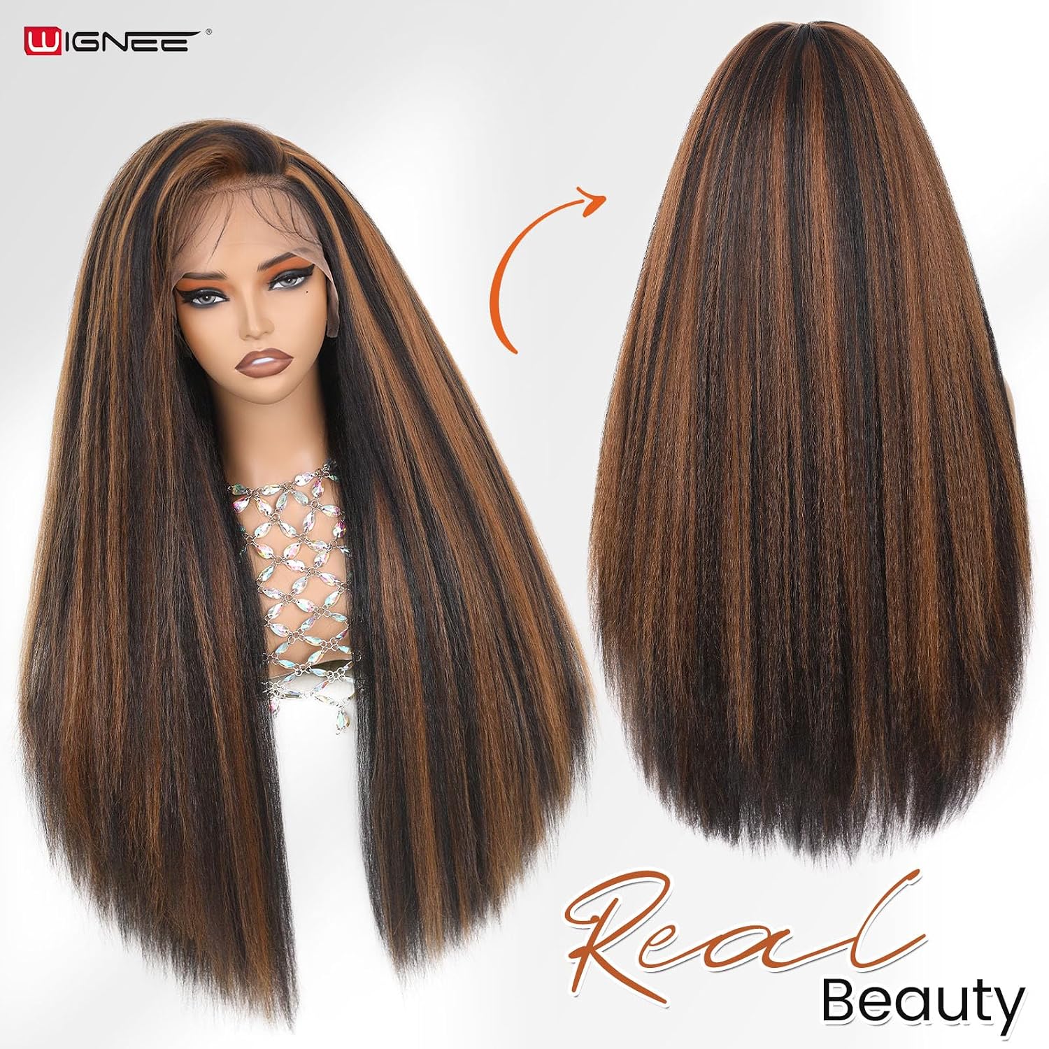 WIGNEE Full Lace Kinky Straight Wig 30 Inch Synthetic Yaki Straight Wig 180% Density Pre-Plucked Kinky Wig with Baby Hair Yaki Wigs For Black Women Daily Use(Brown Highlight)