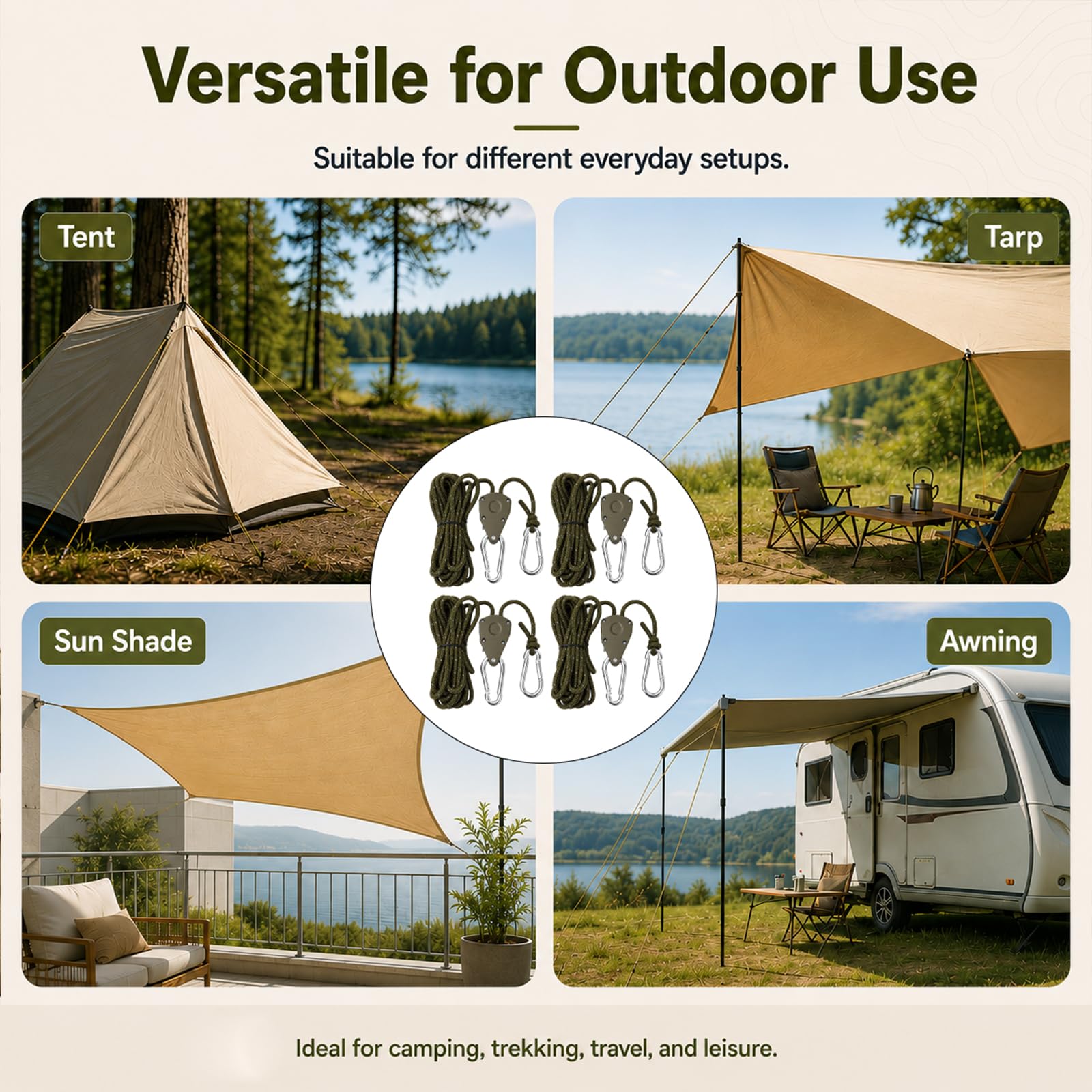 4M - Vientos reflectantes con tensor de cuerda, 8 vientos para camping, vientos para vela de sol negra, cuerda de tienda de campaña con tensor, accesorios para tienda de campaña, fácil de