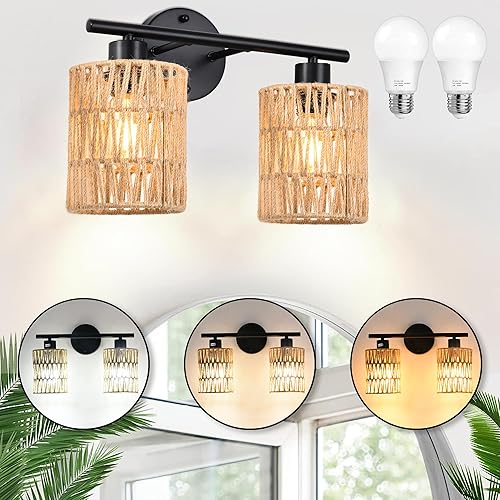 Bathroom Light Fixtures 2 Light Black Modern Vanity Light Over Mirror, Rattan Wall Sconces Lighting, Rustic Farmhouse Bath Wall Mounted Lights with Boho Woven Wicker Shade,Porch Wall Lamp for Bedroom