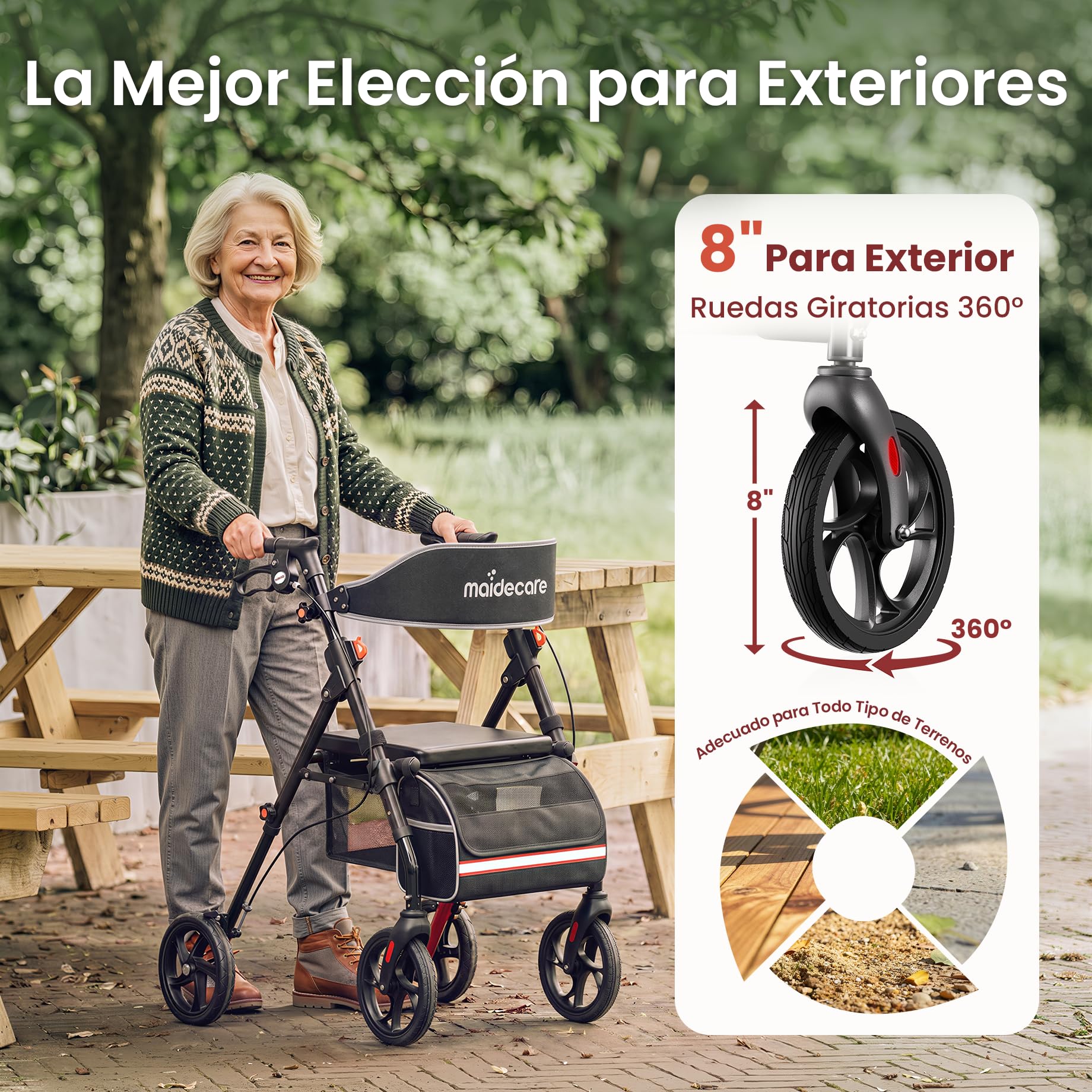 Andador con asiento y ruedas, plegable, 4 ruedas, para personas mayores y discapacitados, andador para exteriores/interiores, neumáticos todo terreno de 20 cm, mango ajustable en altura de 6