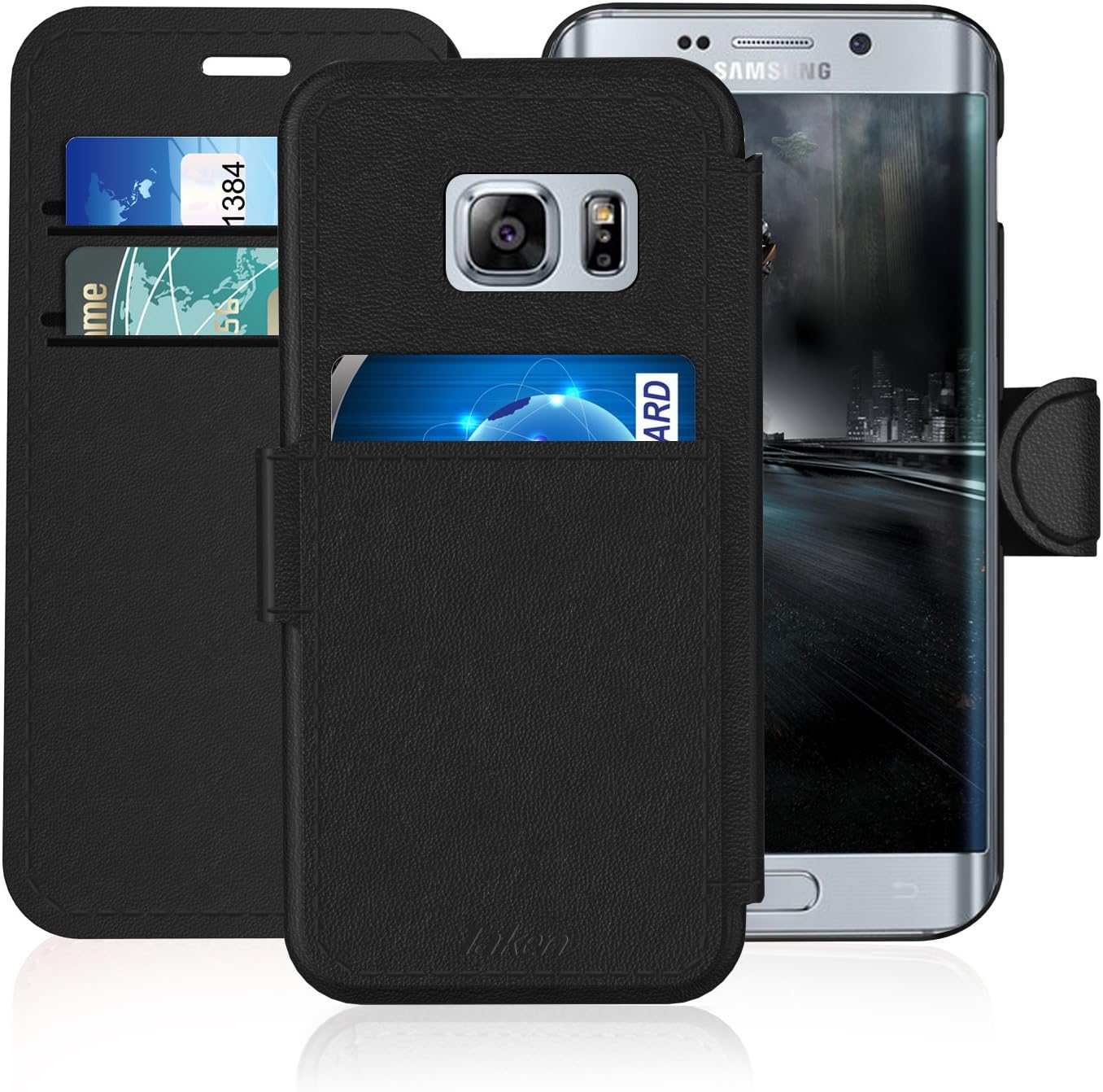 Samsung Galaxy S 6 Edge/S6 Edge Leather Wallet Case with Cards Slot and Metal Magnetic, Slim Fit and Heavy Duty, TAKEN Plastic Flip Case/Cover with Rubber Edge, for Women, Men, Boys, Girls (Black)