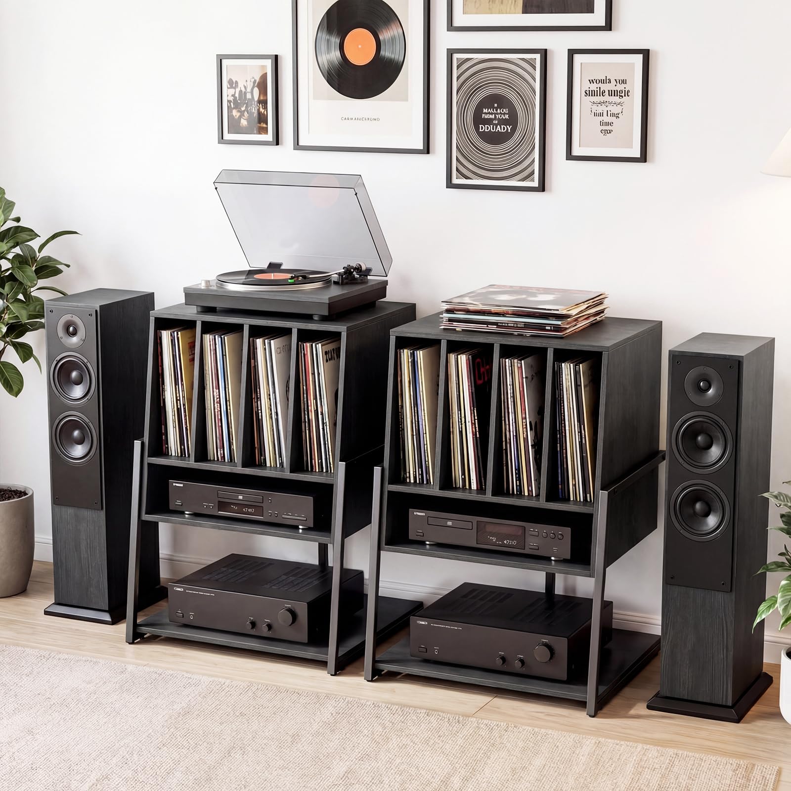 COSTWAY Plattenspielerständer, Vinyl Schallplattentisch mit breite Tischplatte, 4 Trennwänden & unteres Regal, Schallplattenständer Holz für Arbeitszimmer und Musikzimmer, 54 x 57 x 76,5 cm