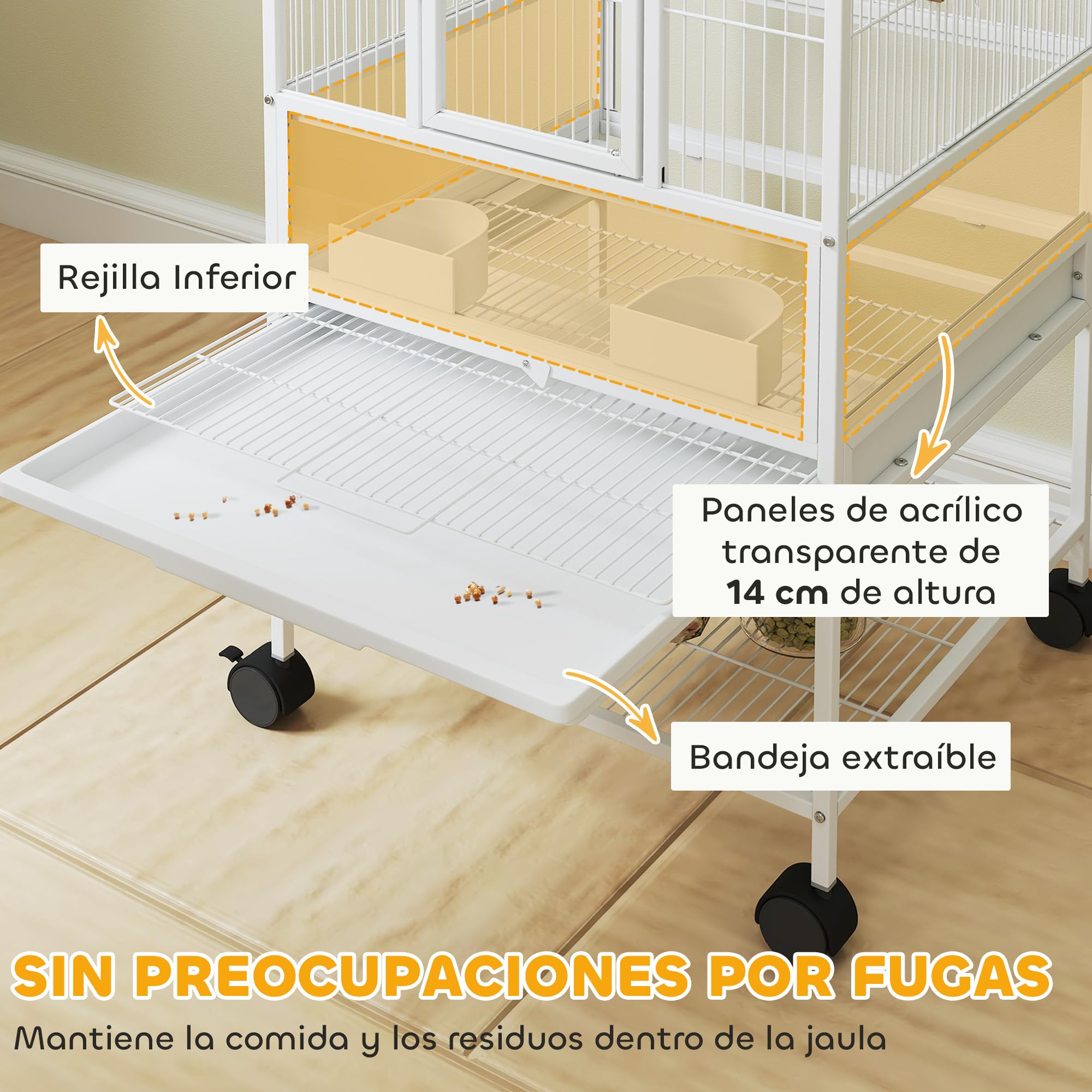 Pawhut Jaula para Pájaros Jaula Grande de 2 Niveles con Ruedas Paneles Acrílicos Comederos Perchas Estante Bandejas Extraíbles Pajarera para Loros Canarios 48x46x134,5 cm Blanco