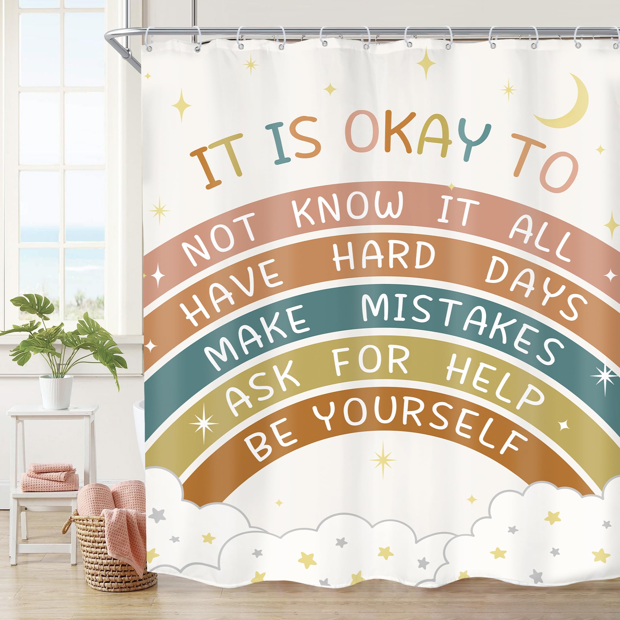 Imirell Kids Boho Rainbow Quotes Shower Curtain 60Wx72H Inches Positive Inspirational Motivational Words Cute Clouds Moon Stars Cartoon Colorful Fabric Waterproof Polyester with 12 Pack Hooks Plastic