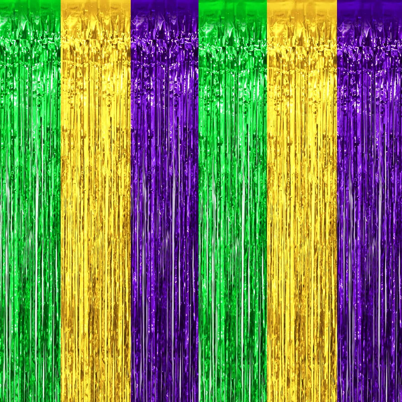 4 Pack Mardi Gras Foil Fringe Curtain Backdrop, 3.28Ft x 8.2Ft Gold Green Purple Metallic Tinsel Foil Fringe Streamers Curtains for Photo Booth, Wedding, Birthday, Carnival Party Decoration
