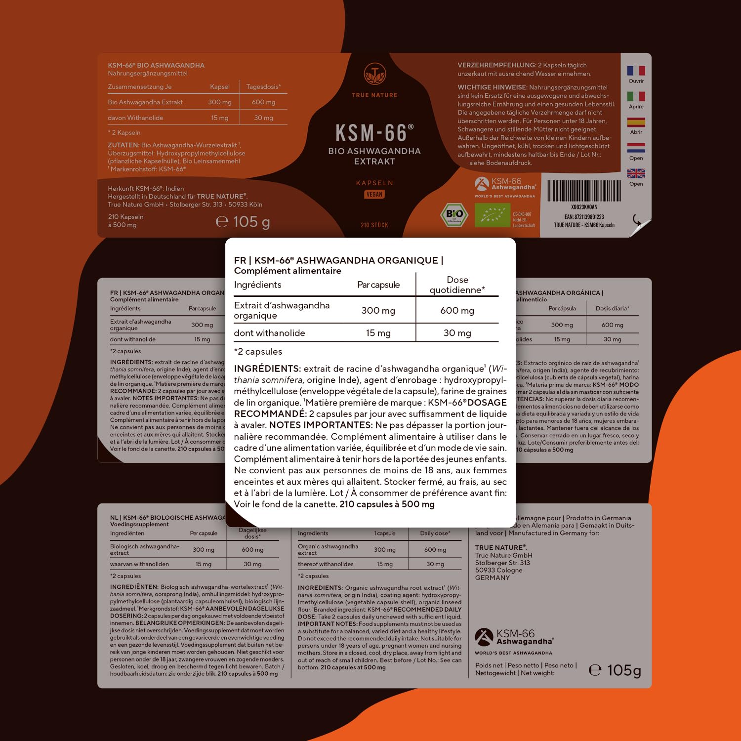 KSM-66 | Ashwagandha bio | Principe actif breveté – 210 gélules, rendement supérieur à la moyenne – 600 mg, au moins 5% de withanolides – Ayurveda – Sans lactose ni gluten – TRUE NATURE