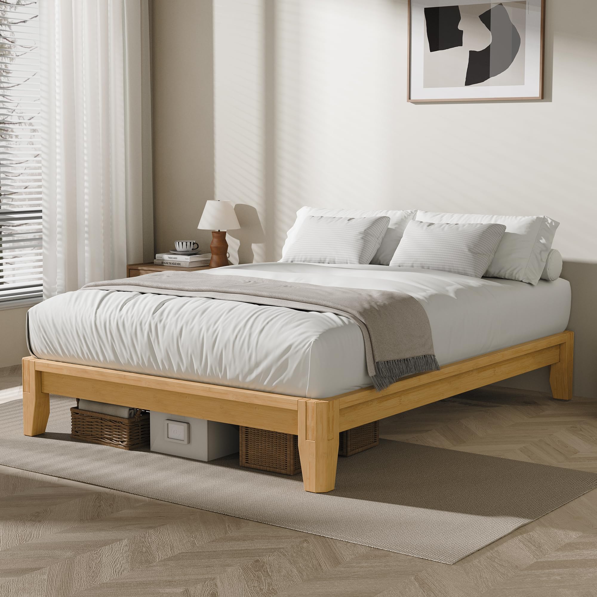 Queen Solid Bamboo Bed Frame, Japanese Joinery Platform Bed Frame