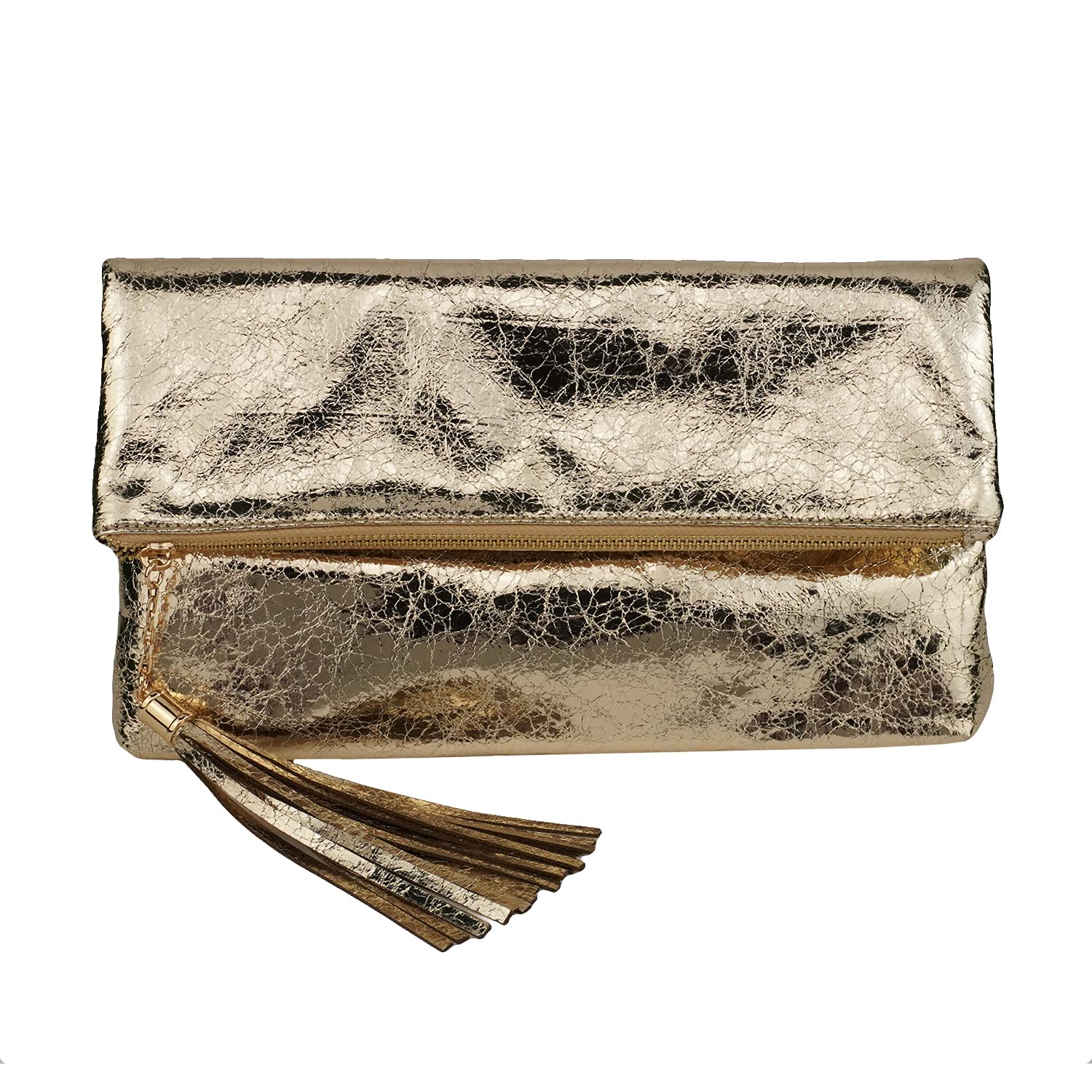 JNB Women's Cracked Metallic Fabric Foldover Clutch with Tassel