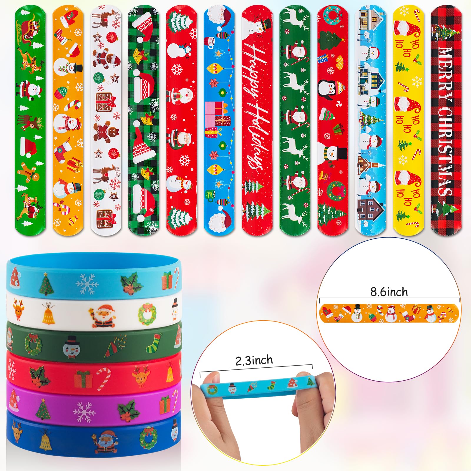 48 PCS Christmas Slap Bracelets and Rubber Bracelets for Kids Holiday Party Favors Bracelets Silicone Wristbands for Birthday Party Supplies Boys and Girls'Santa Gifts Xmas Stocking Stufers