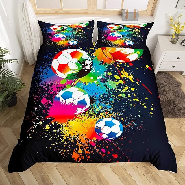 Loussiesd Sport Bedding Set for Girls Boys Children Kids Football Bedding & Linen Sports Games Duvet Cover Set Bright Vibrant Soccer Ball Bedspread Cover Single Size Bedding Collection