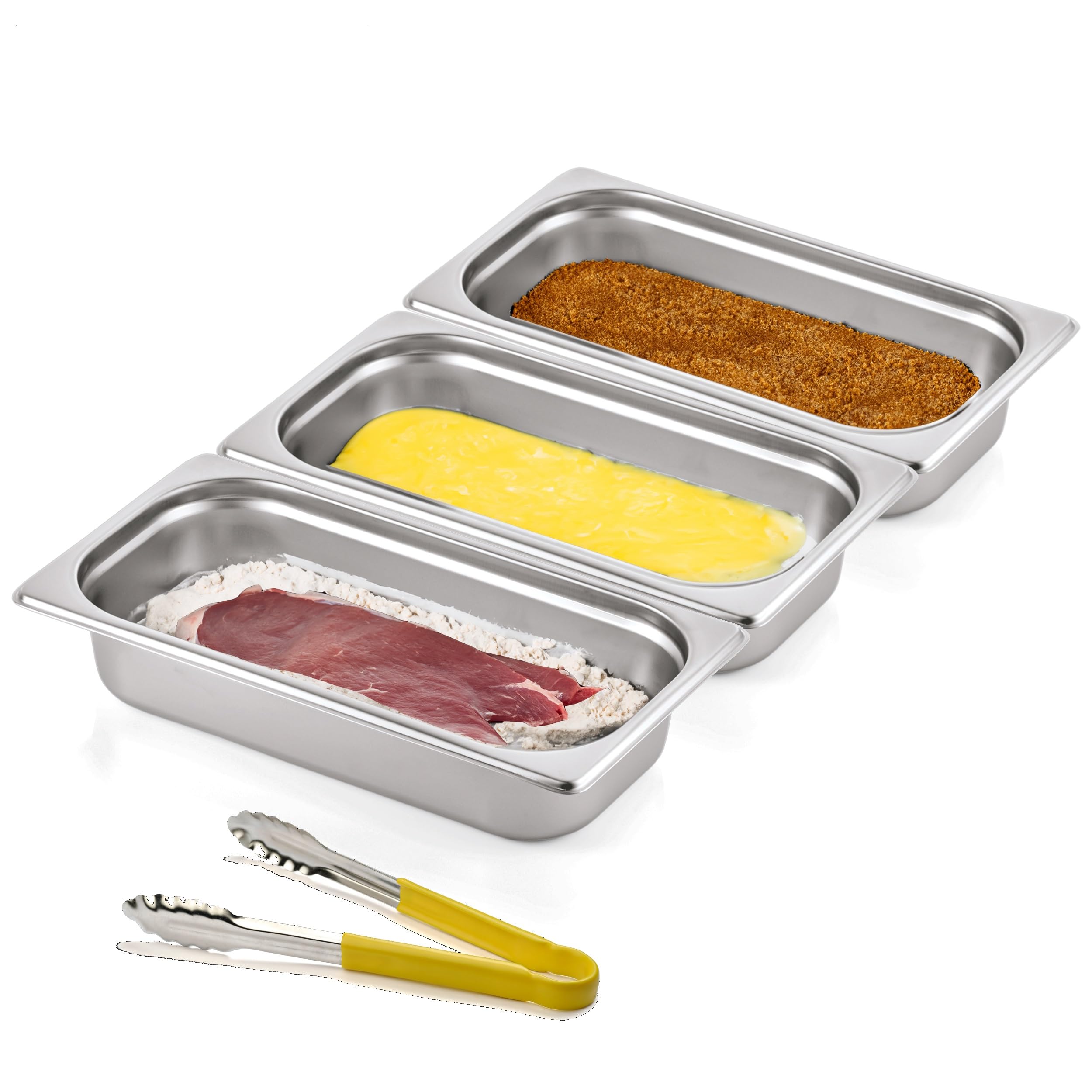 Morleos 3x Panierschalen + Gelbe Zange | GN 1/3 Edelstahl Metall Schalen je 32,5 x 17,6 x 6,5 cm | Volumen: 7,5 Liter | Panieren &amp; Marinieren Fleisch, Schnitzel | 0,7 mm dick