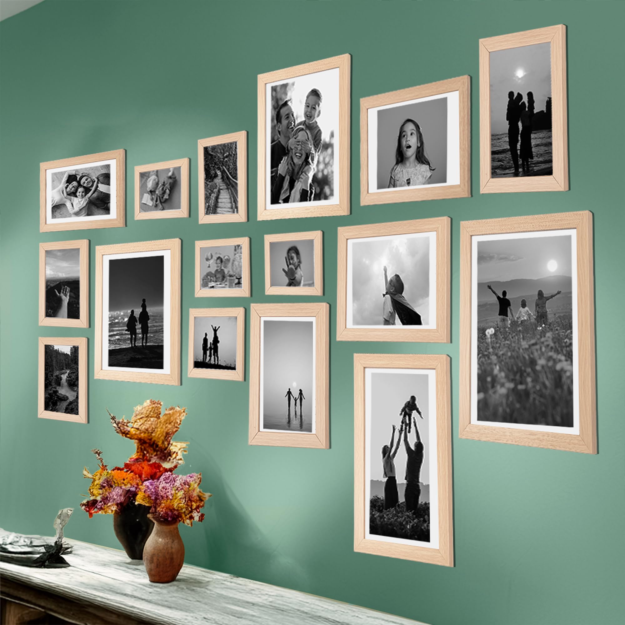Bilderrahmen für die Wand, Holzrahmen für Wanddekoration, beigefarbenes Fotorahmen-Set, rechteckig, für Zuhause/Büro, 15,2 x 25,4 cm, 10 x 15,2 cm, 20,3 x 25,4 cm, 15,2 x 17,8 cm, 16 Stück