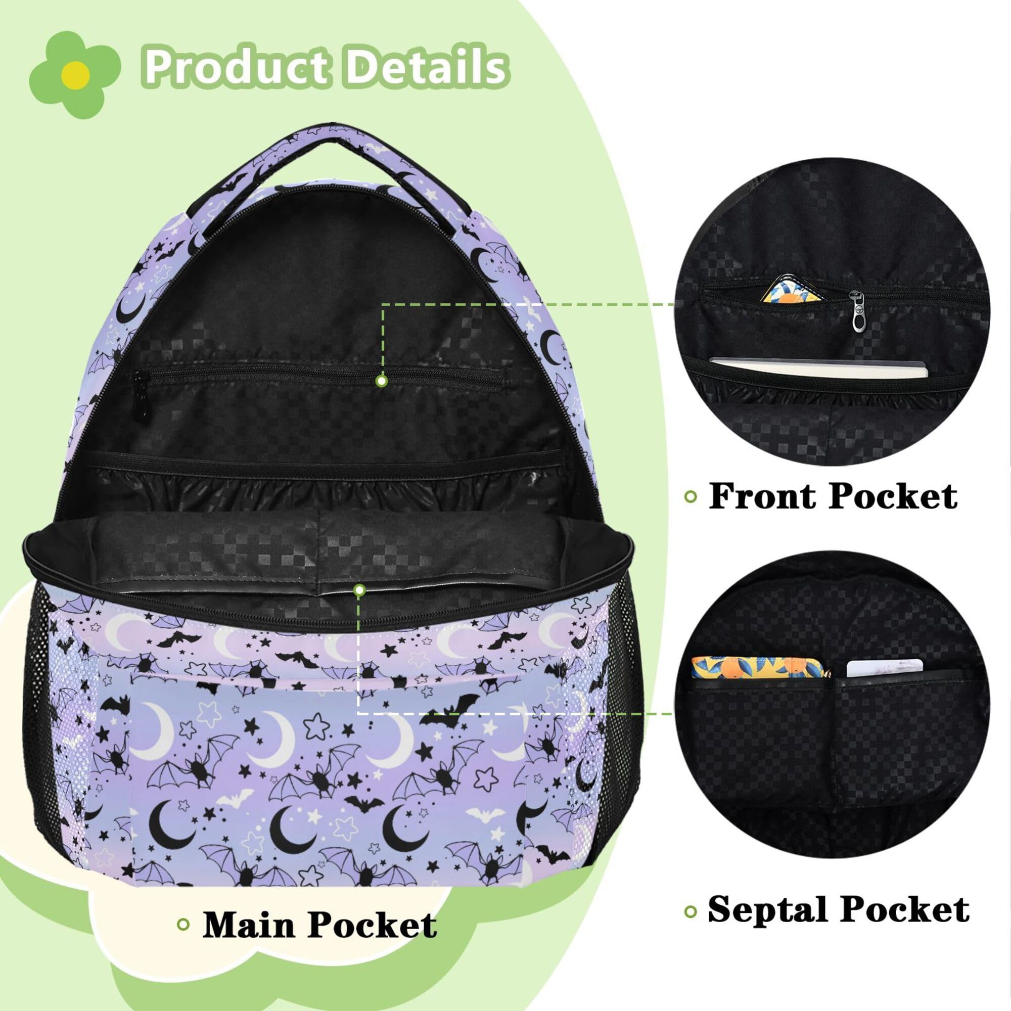ALAZA Mochila para niños, mochila escolar gótica con calavera de carnero místico de gran capacidad para estudiantes, mochila para niños y niñas, Bats Th008, M, Bats TH008