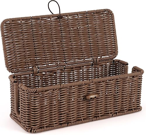 Caja de organización de cables, caja organizadora de cables de ratán sintético tejida a mano con tapa, 2 ranuras abiertas, caja organizadora de