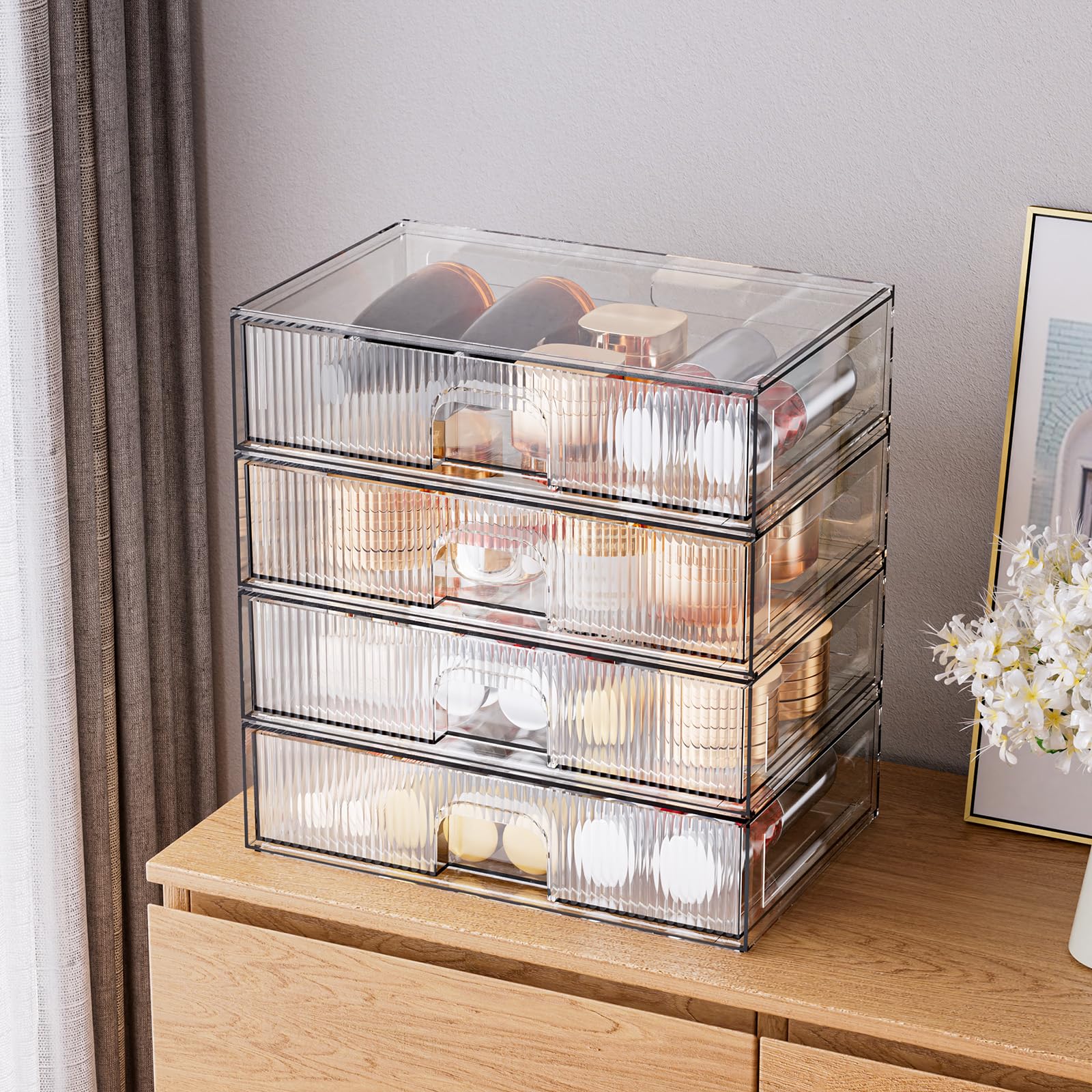 ZHIAI Cassetto portaoggetti impilabile, 4 pezzi, organizer in acrilico per cosmetici e prodotti di bellezza, adatto per cassettiere, bagno, armadi, ripostigli, camere da letto e organizzatori per la