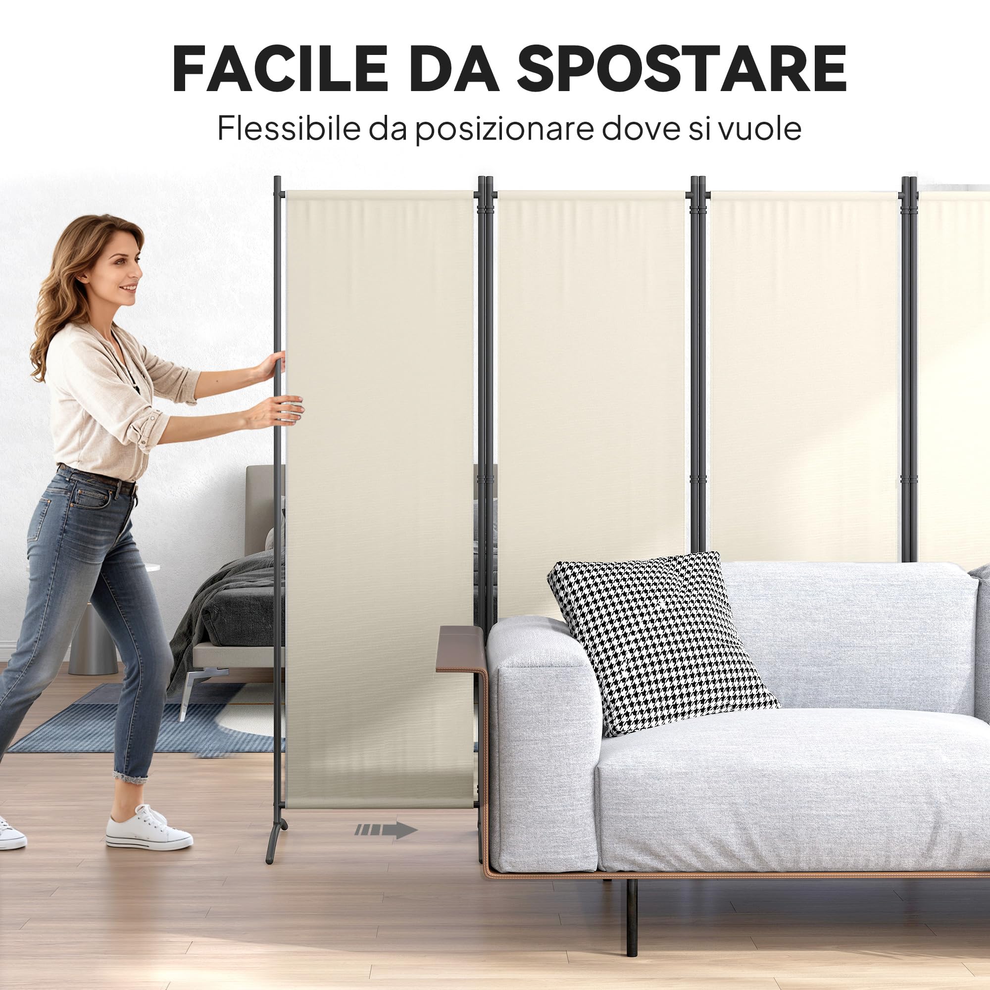 Outsunny Paravento Separé da Giardino 4 Pannelli Pieghevole, 221x50x172cm, Crema