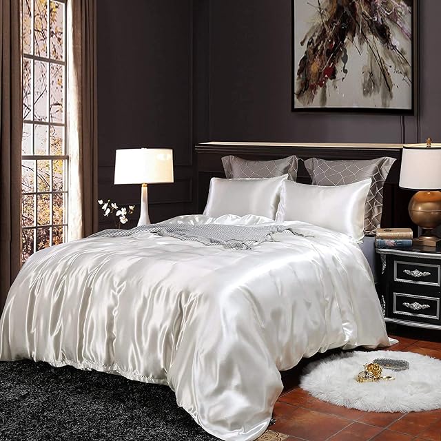 Silk Like Satin Bedding Sets Hotel Quality White Duvet Cover Set King Size Summer Reversible Quilt/Comforter Cover Polyester Honeymoon Sexy Luxury Soft Microfiber Room Decoration