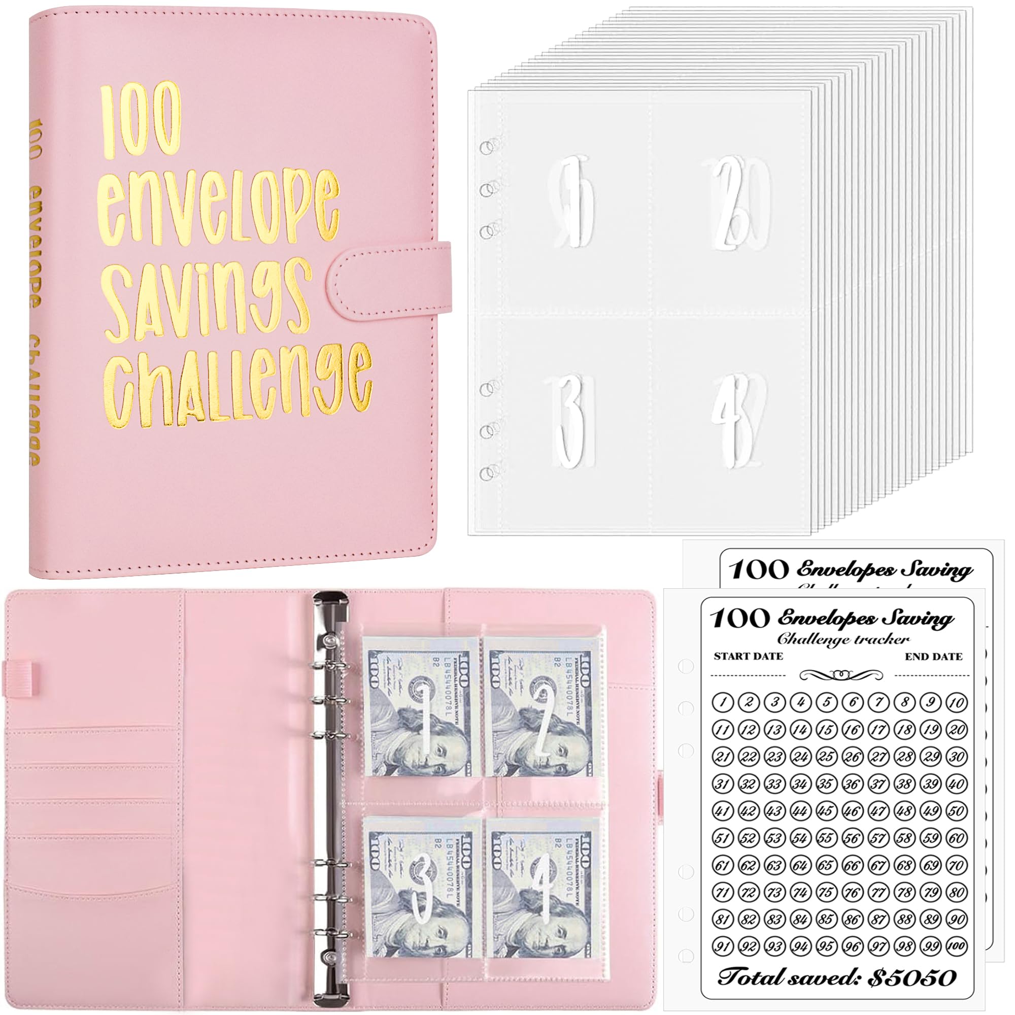 LingLingo 100 Envelopes Money Saving Challenge Binder, Easy and Fun Way to Save $5,050, A5 Budget Book with Cash Envelopes Kit,Pink,Gold