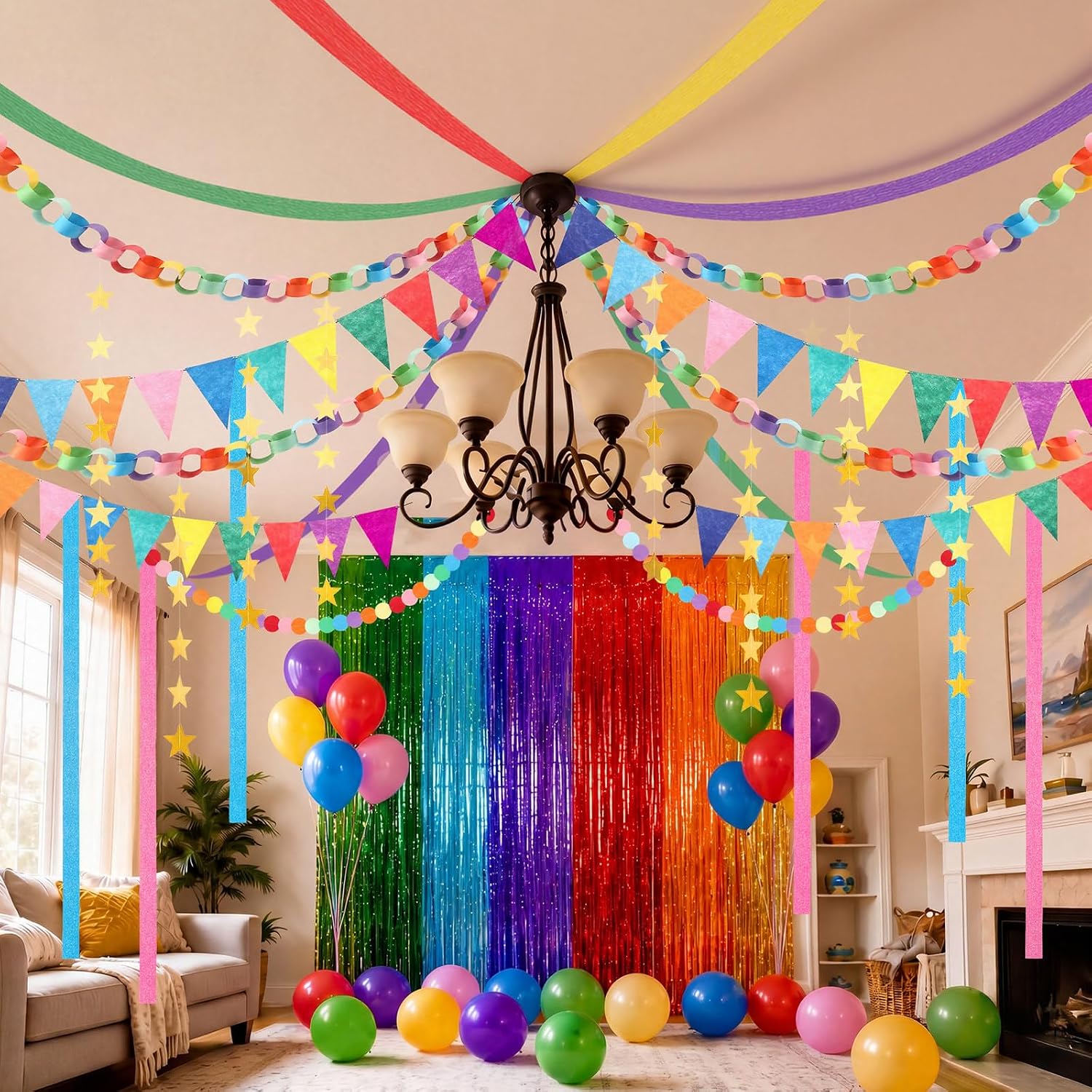 300sheets Colorful Paper Chain Strips Set with 2pack Rainbow Backdrop Curtains 492ft Crepe Paper Streamers 26ft Pennant Banner 26ft Circle Dot Garland 26ft Gold Stars Banner 30 Ballons for Party Decor