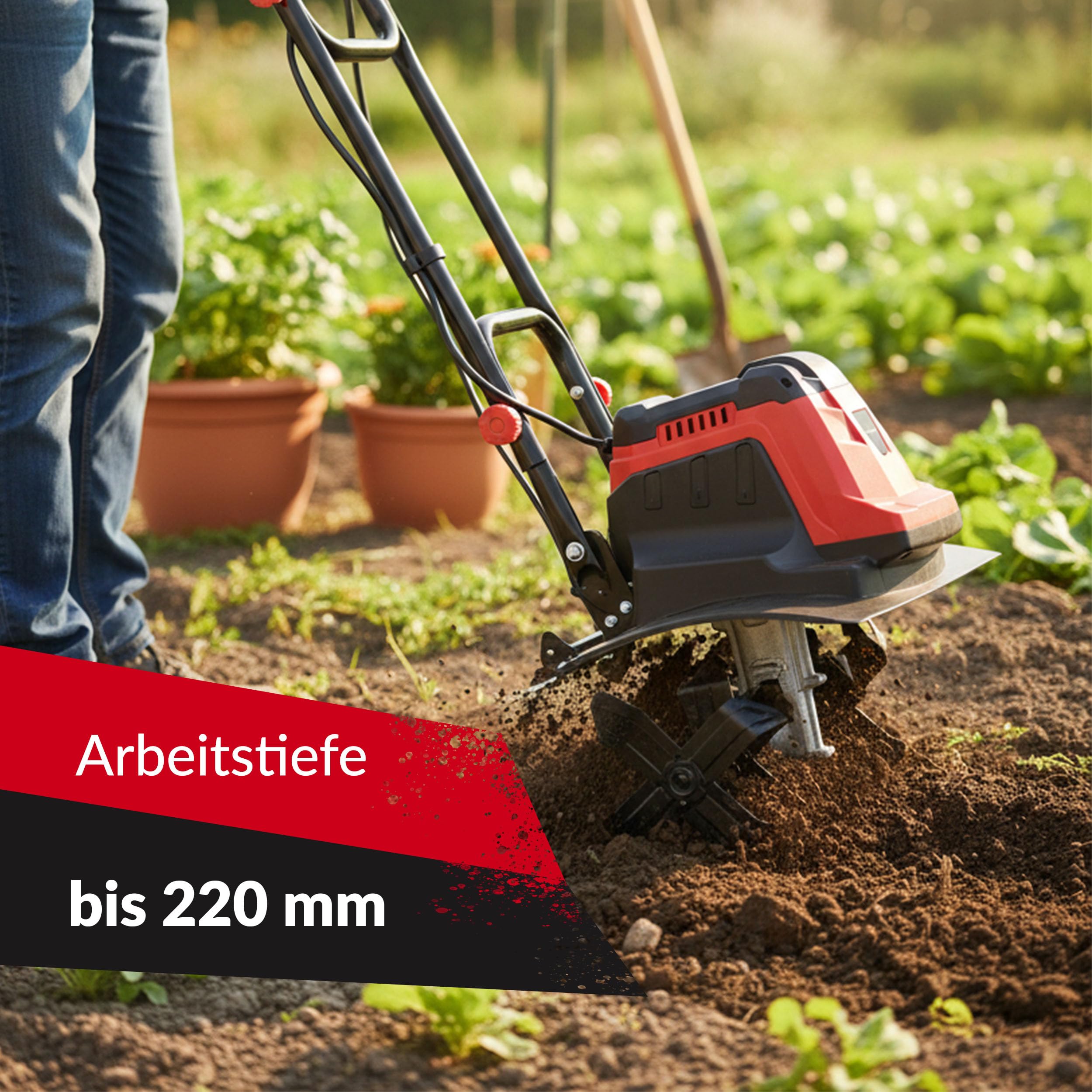 LEHMANN Elektro Bodenhacke, 1800 W, Motorhacke mit 45 cm Arbeitsbreite & 22 cm Arbeitstiefe, 24 Messer, klappbarer Holm, Gartenfräse mit Transporträdern zum Umgraben und Auflockern, Rot/Schwarz