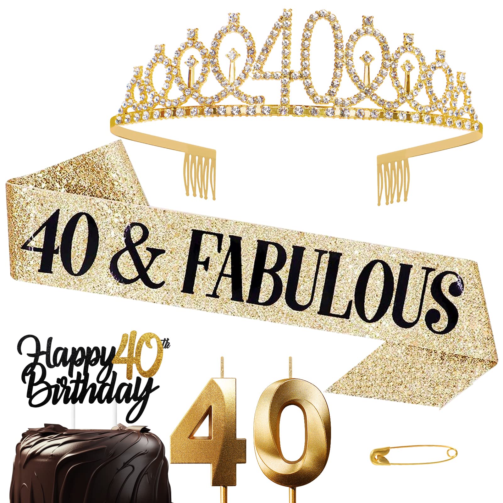 Jonvell 40 Años Corona Banda Cumpleaños Mujer Tiara Corona y Faja de Oro Cinturón de Cumpleaños Corona de Diamantes Velas Topper per Torta di Compleanno 40 Regalo Mujer Cumpleaños Decoración