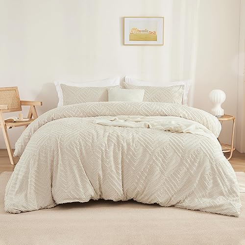 Litanika Juego de edredón beige tamaño Queen, juego de edredón bohemio de 3 piezas de estilo rústico copetudo crema, juego de ropa de cama ligero y