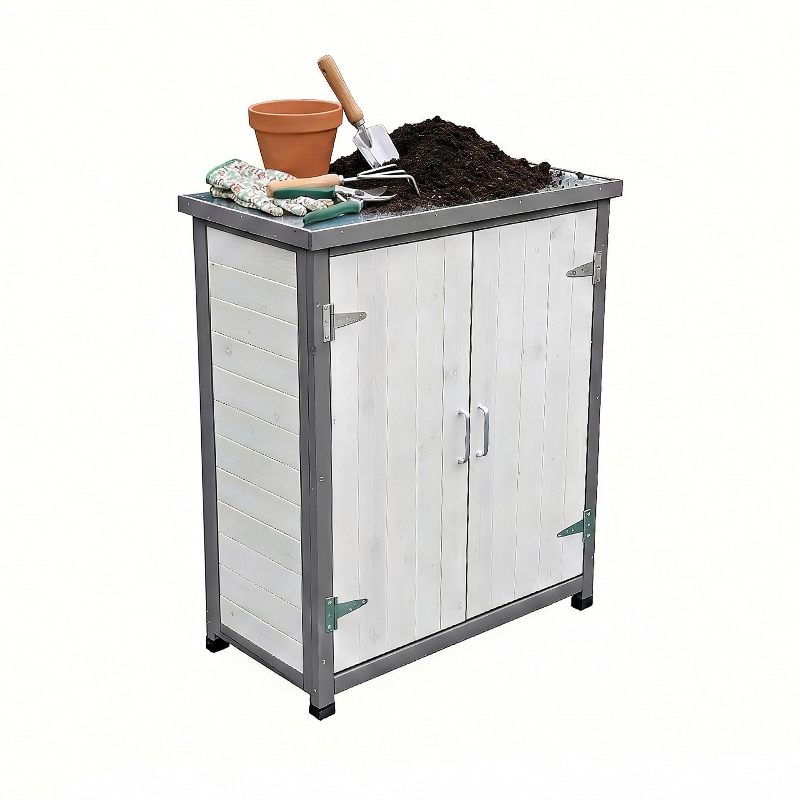 Relaxdays Pflanztisch mit Unterschrank, Holz, verzinkte Arbeitsplatte, HxBxT: 90 x 75 x 40 cm, Gartenschrank, weiß/grau