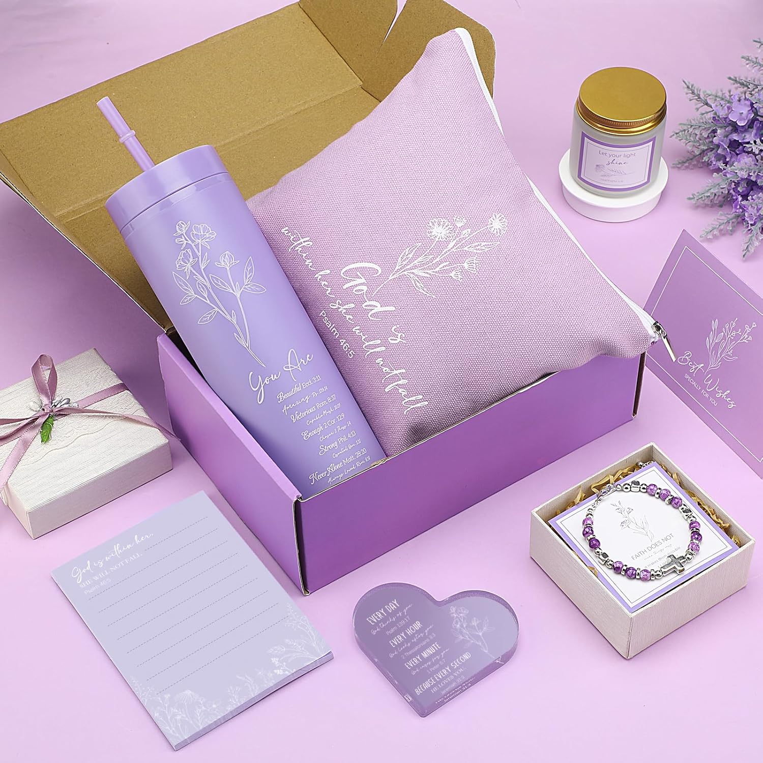 9 Pcs Purple Christian Gift Basket Set for Women Faith Inspirational Religious Gifts Catholic Christian Tumbler Canvas Makeup Bag Gifts Basket Set for Women Mom Wife Sisters Friend - Image 6