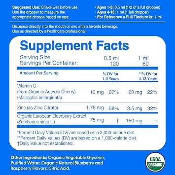 Elderberry for Kids Liquid Drops with Vitamin C & Zinc - 2oz - Children and Toddler Immune Support Supplement USDA Organic Sambucus Elderberry Extract Ages 1-13 Years - Made in USA - 2 fl oz