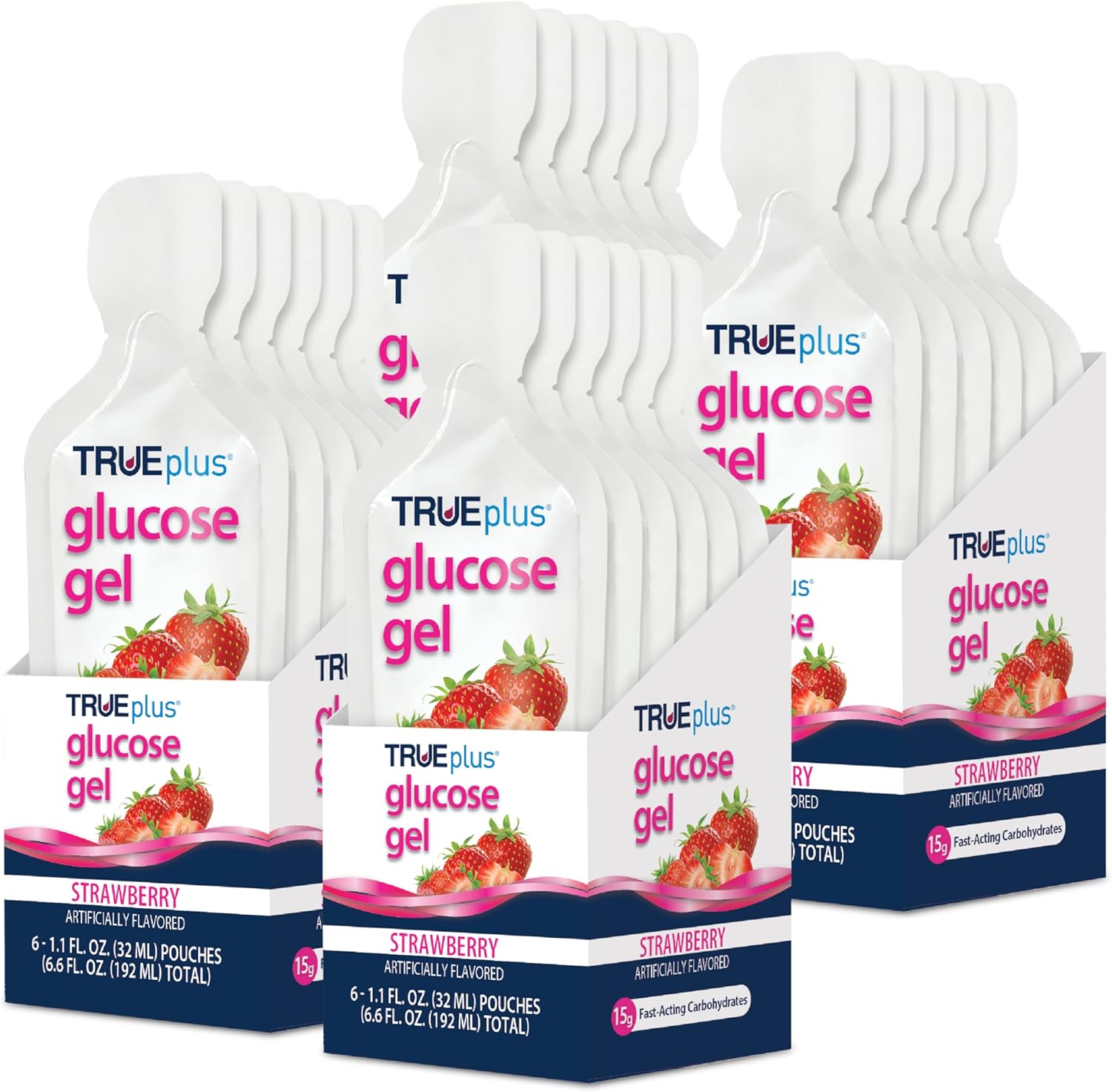 TRUEplus Glucose Gel Pouch, Strawberry Flavor, 15g Fast-Acting Carbohydrates, Fat Free, Gluten Free, Quick Support for Low Blood Sugar and Energy, 24 Pack