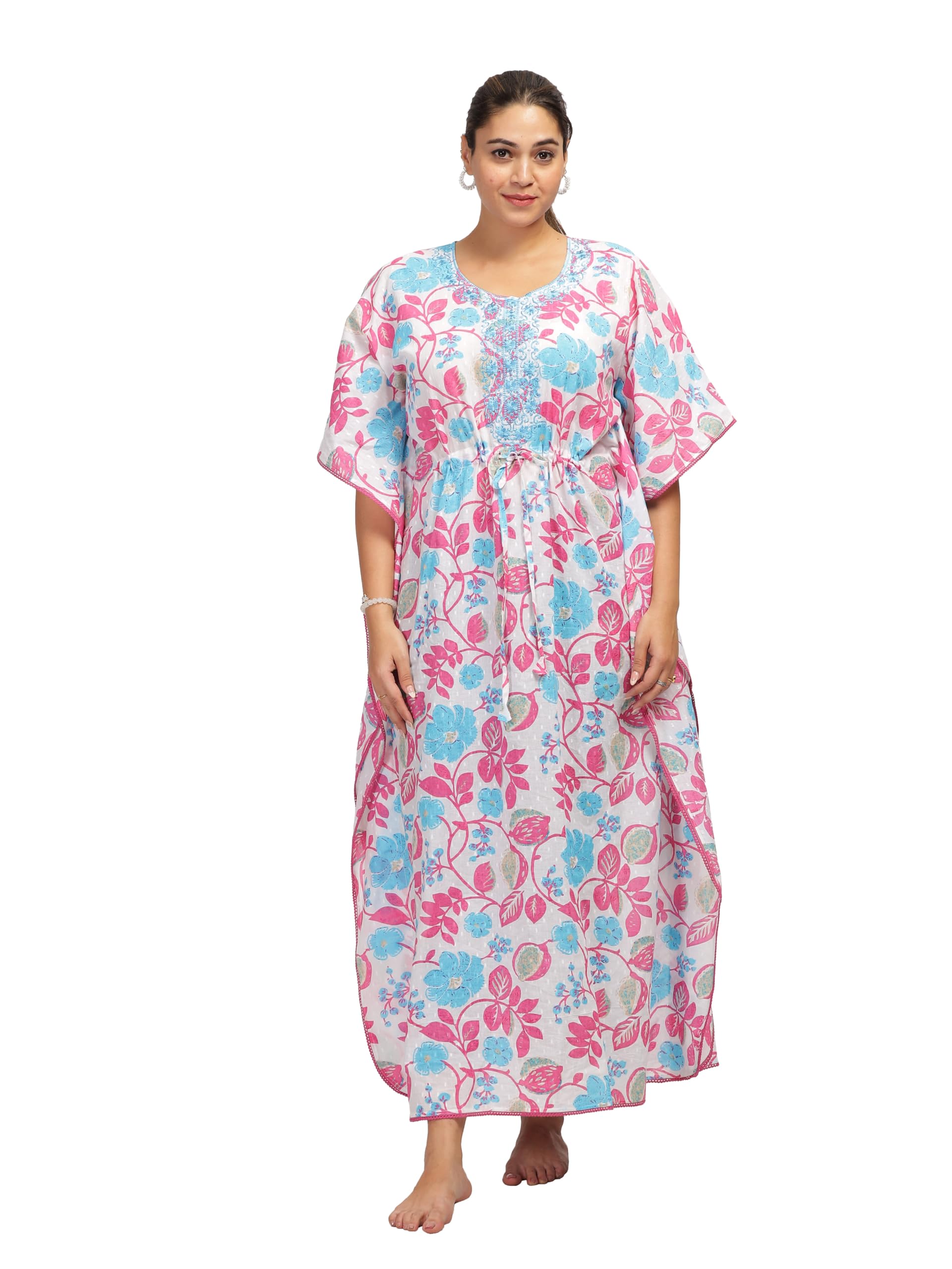 9shines Women's Pure Cotton Kaftan Nighty Maxi Dress - Stylish Long Gown for Summer - Comfortable Full-Length Nightwear - Versatile Lounge and Beach Cover-Up (9SKF-103-Kaftan)-image-23