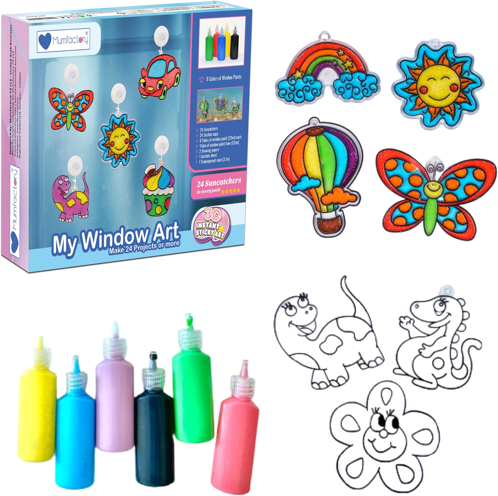 Mumfactory Window Art Paint Toy for Kids - Create your own 24 Suncatchers with 24 Suction Cups - Assorted 9 Colors paints - DIY Arts & Crafts Kit - Toys for boys & Girls