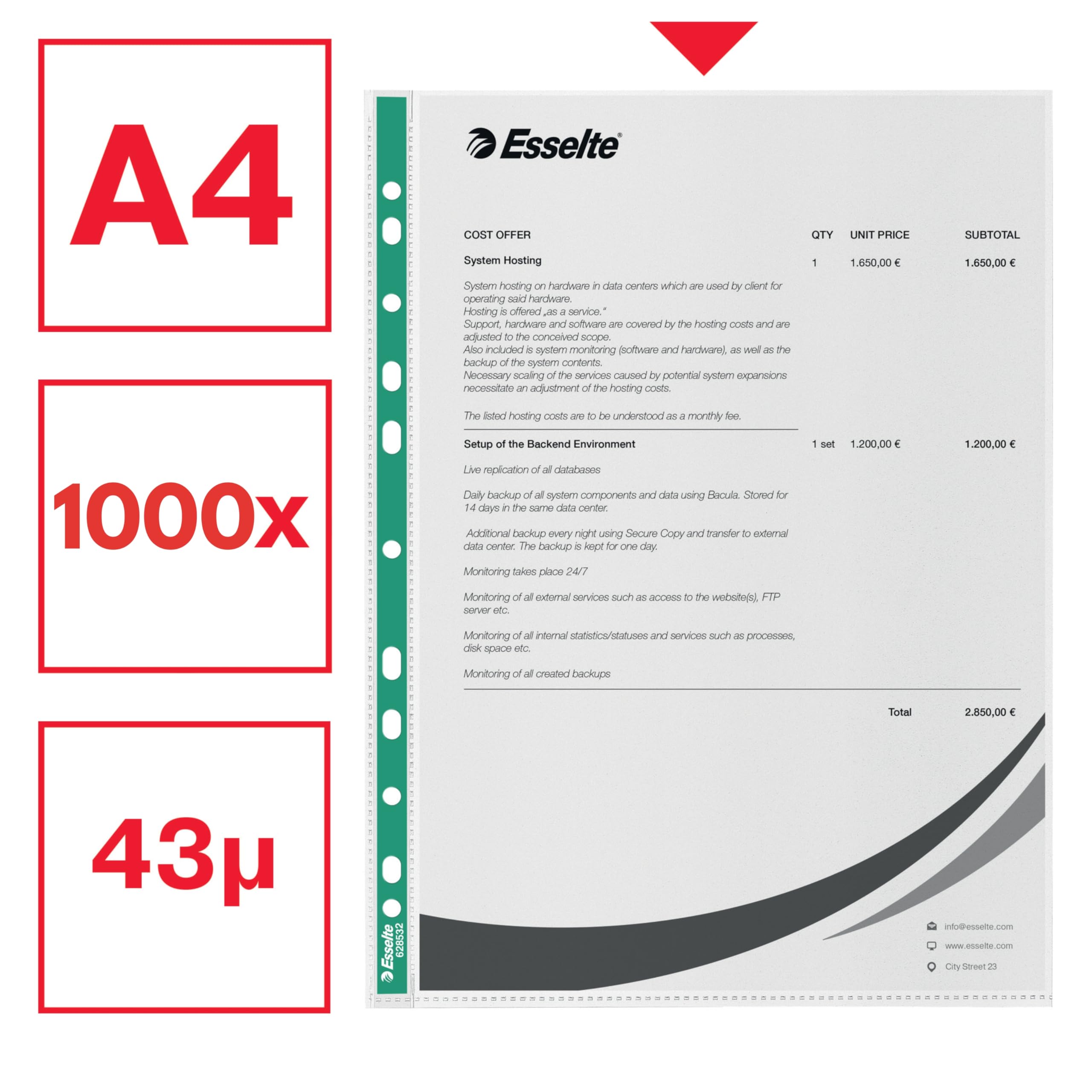 Esselte A4 buste perforate, 1000 x buste in PP, 34 micron di spessore, buste A4 goffrate con dorso verde rinforzato, ideali per raccoglitori a leva (5 confezioni da 200), 628532