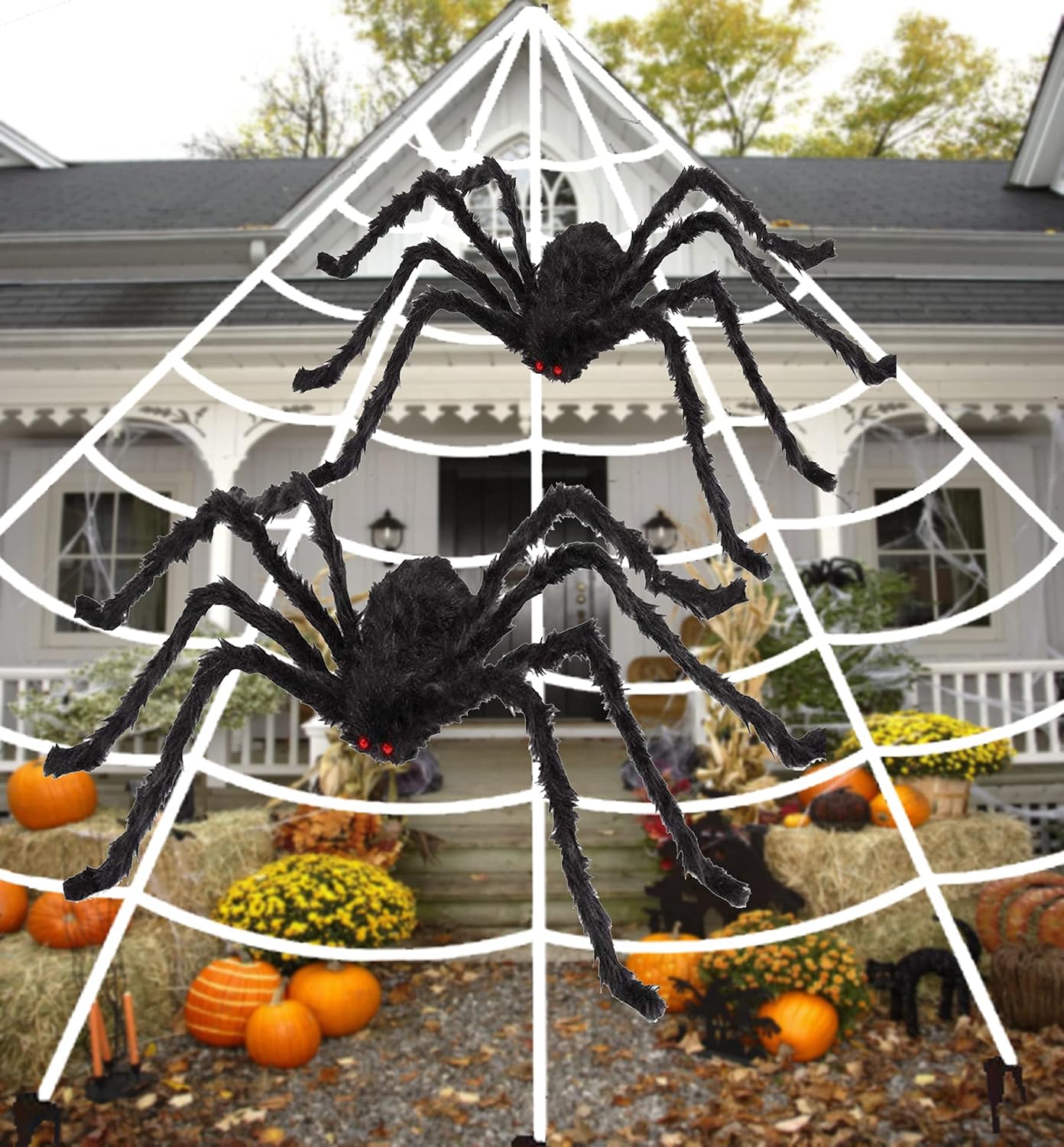 200" Halloween Spider Web with 2 Giant Spider (29.5"/35.5") Halloween Decorations Fake Scary Spider with Triangular Large Spider Web for Indoor Outdoor Halloween Yard Home Parties Haunted House Décor
