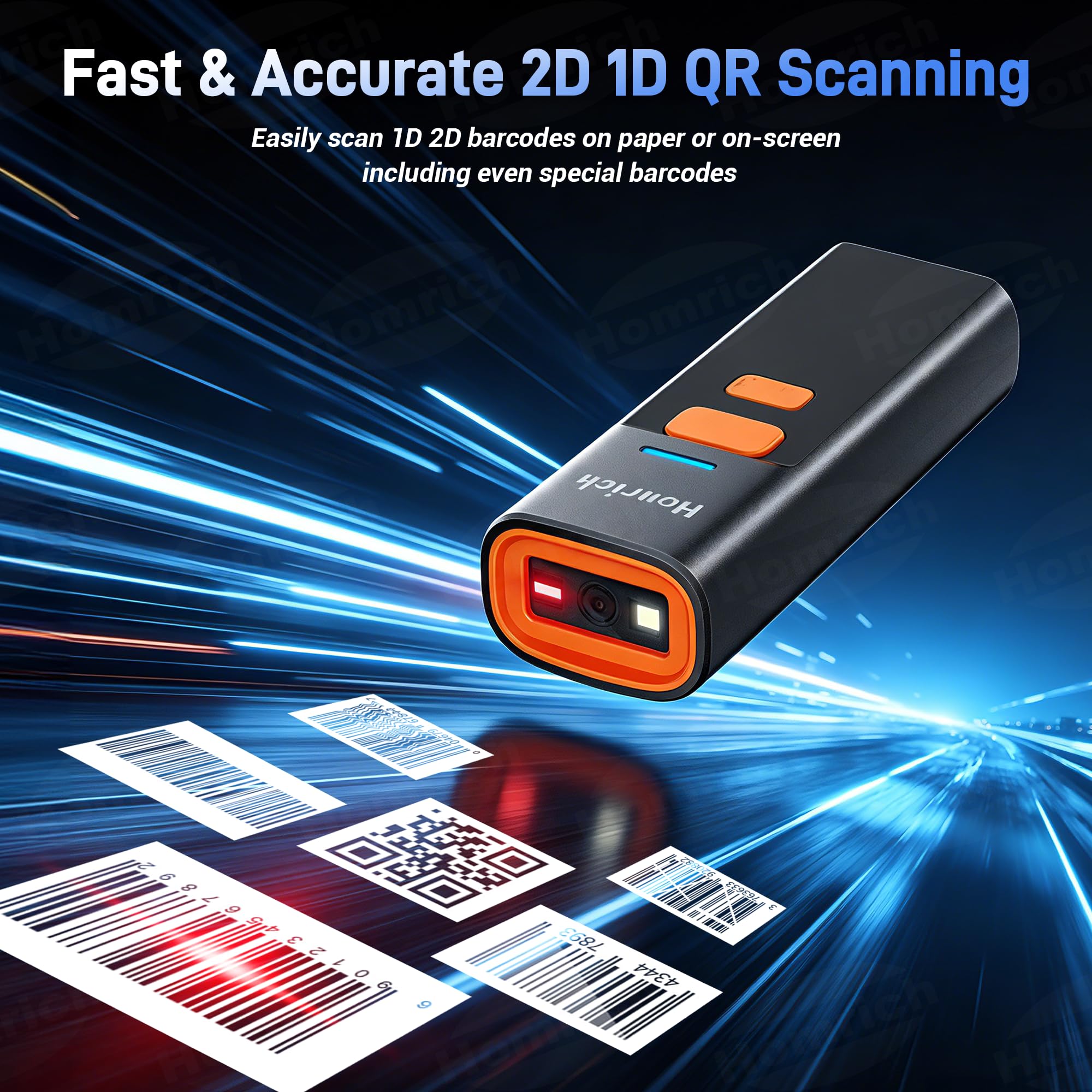 Homrich Mini scanner di codici a barre wireless Bluetooth con dock di ricarica, scanner di codici a barre QR 1D 2D, Bluetooth 3 in 1 e 2.4G e cavo USB ricaricabile lettore di codici a barre portatile