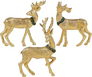 Lulu Home Christmas Tabletop Decorations, 3 Packs Resin Golden Reindeer Figurines with Green Wreath, Xmas Holiday Winter Centerpieces Ornaments for Fireplace Mantel Shelf Home Decor