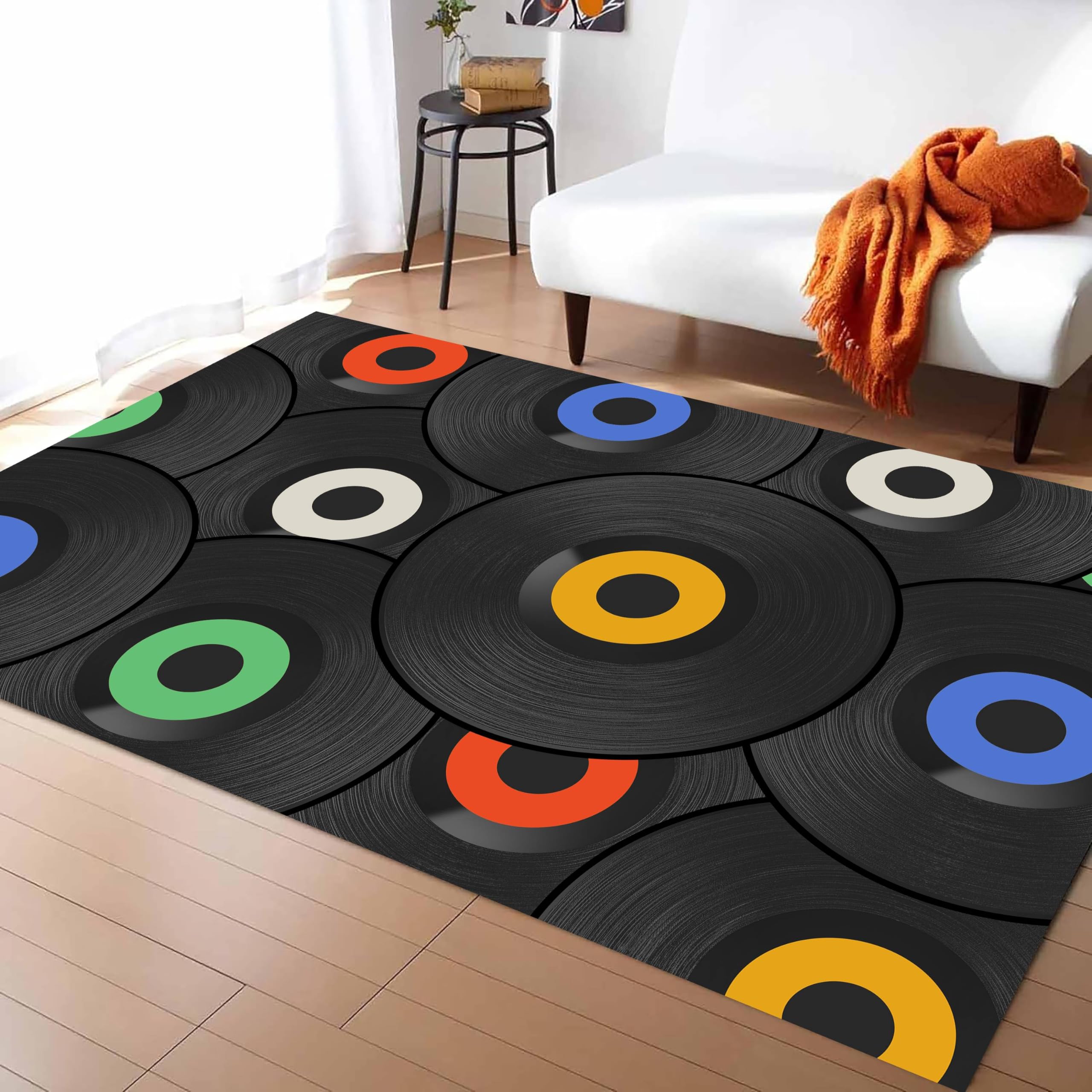 Kuluoits Music Area Rug 120x180cm Black Record Throw Rug Musical Living Room Rugs for Bedroom Home Decor Musical Theme Carpet Soft Non-Slip Indoor Floor Mat for Studio Office And Classroom