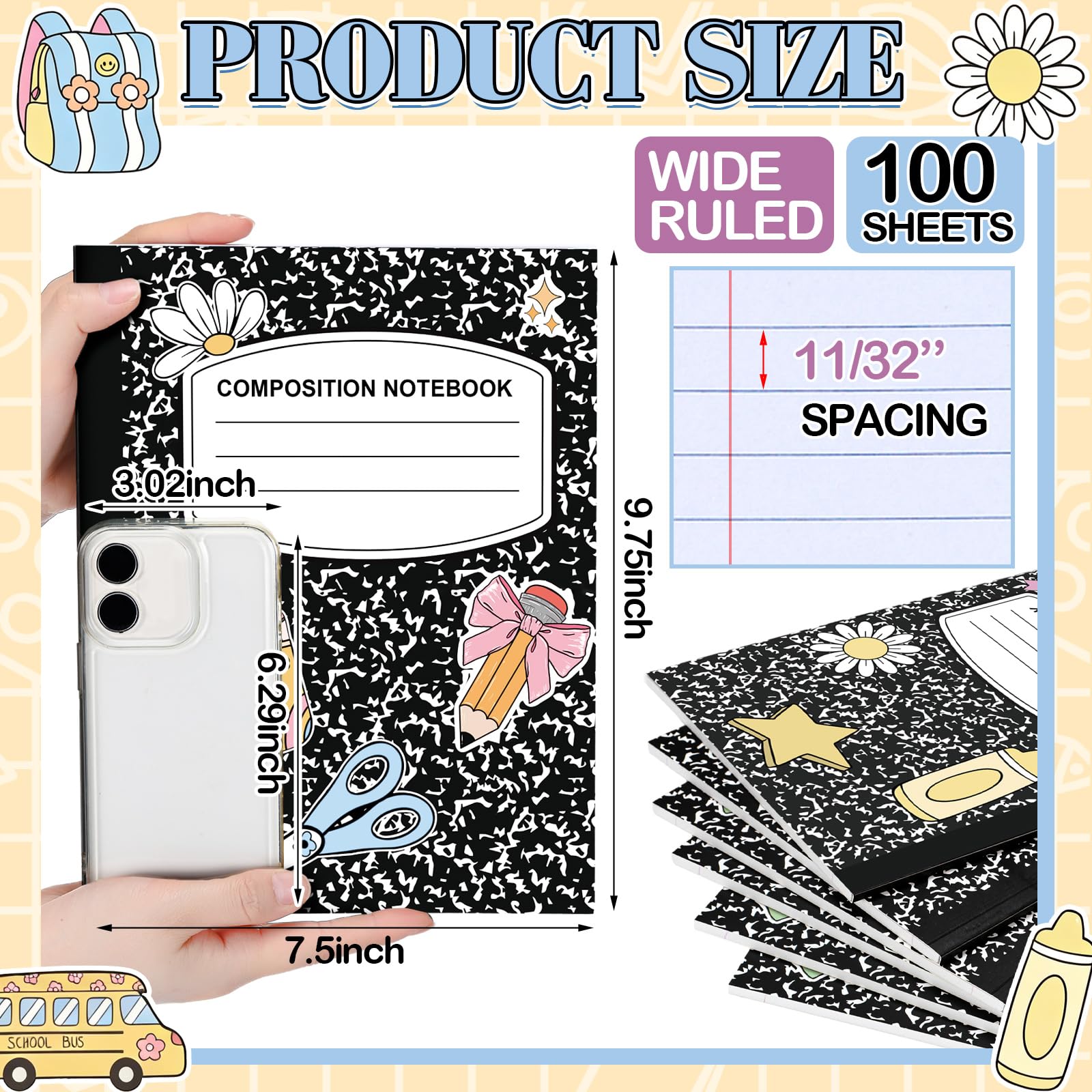 Eaasty Composition Notebook Wide Ruled Paper Assorted Marble Aesthetic Composition Notebook 100 Page 7.5" x 9.75" Journal Gift for Back to School First Day of School Students Teacher(6 Pcs,Classic)