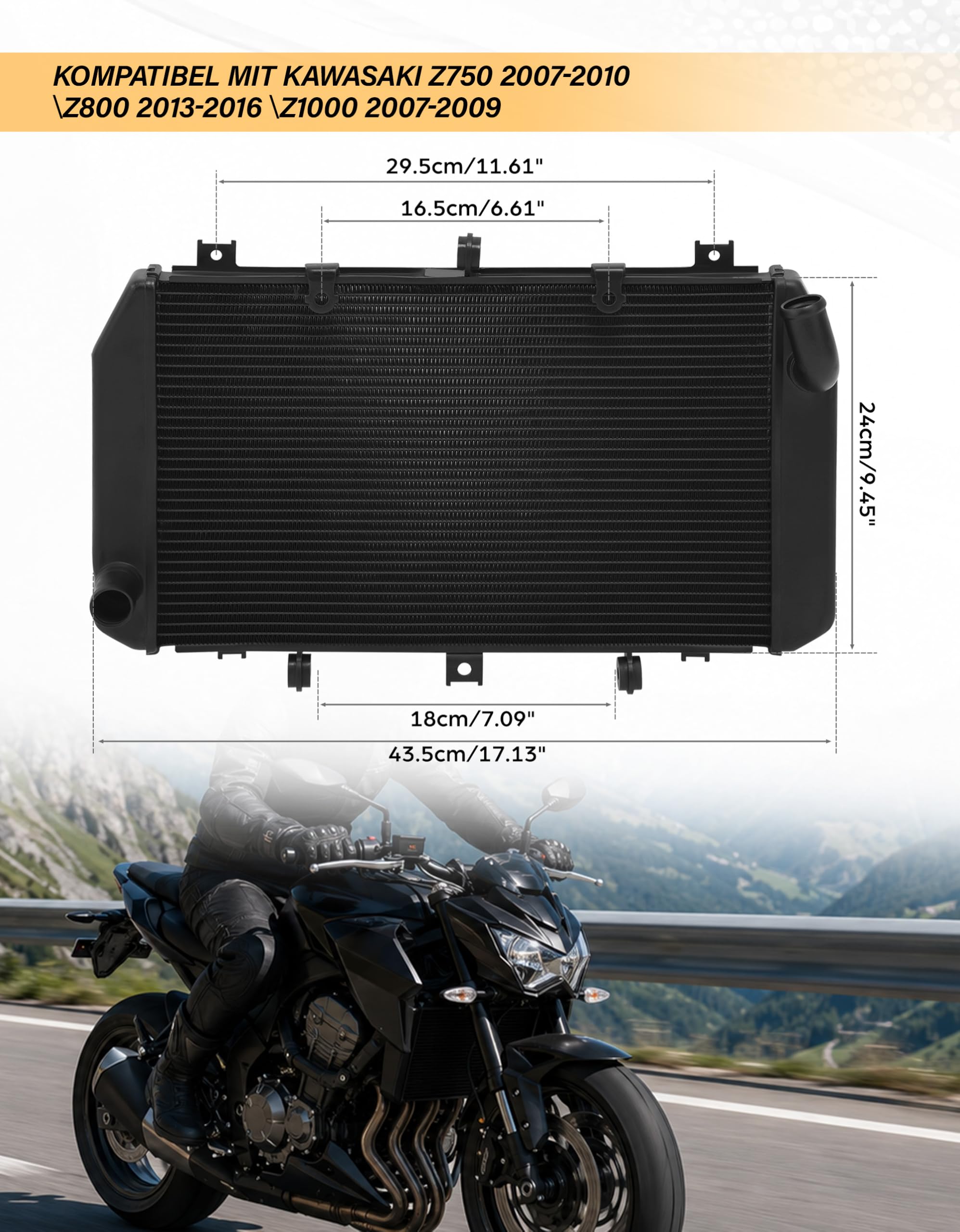 Refroidisseur de moto compatible avec Kawasaki Z750 2007-2010 Z800 2013-2016 Z1000 2007-2009