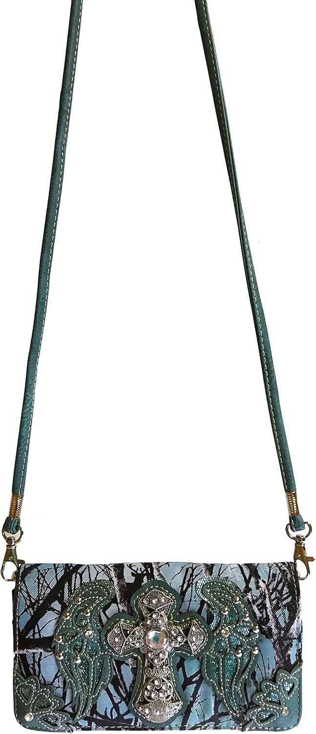 Zelris Camouflage Shine Glow Cross Wings Women Crossbody Trifold Wallet Teal